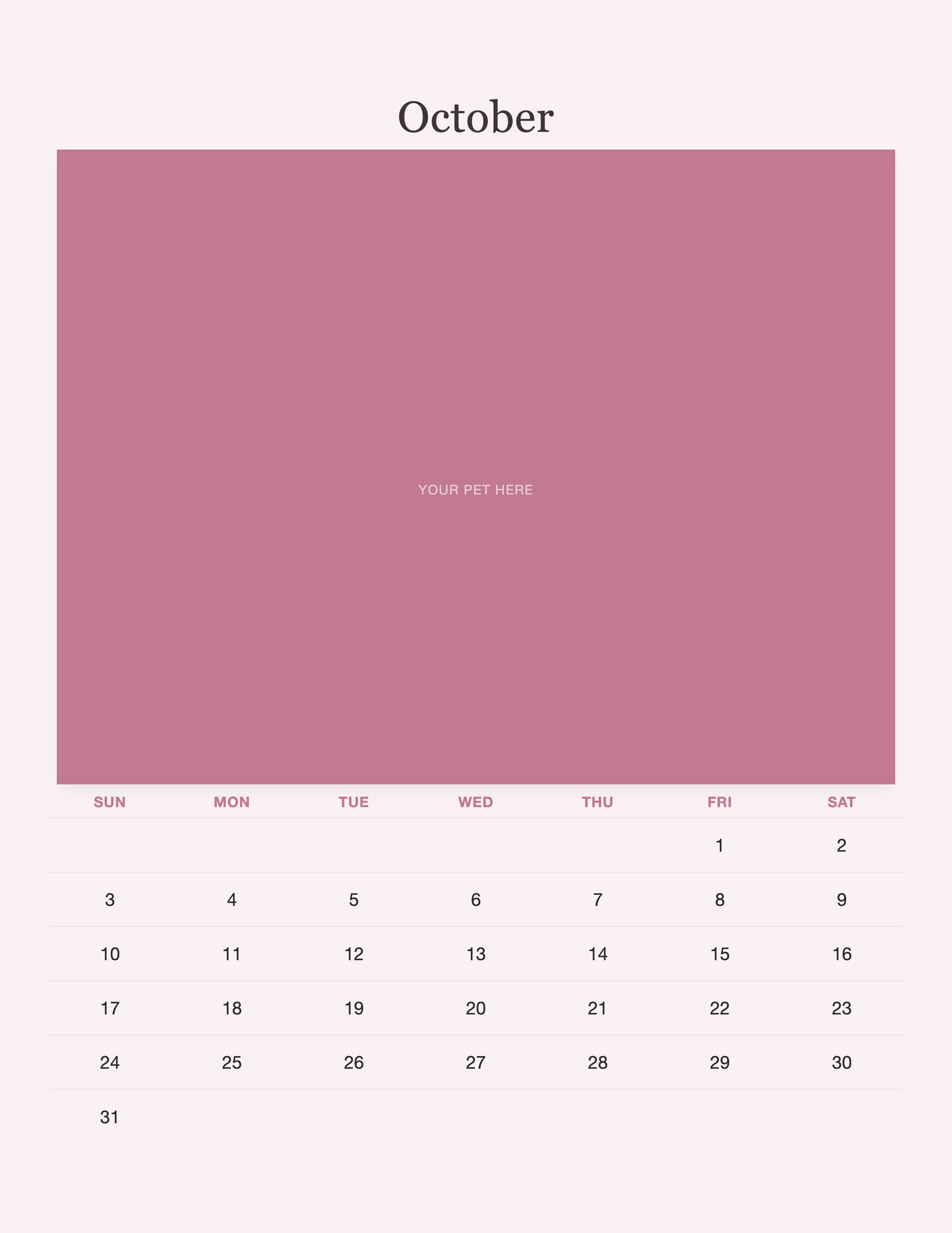 October page of the Pet Mom Calendar 2027 — Best Pet Mom Ever, with a photo area above the date grid