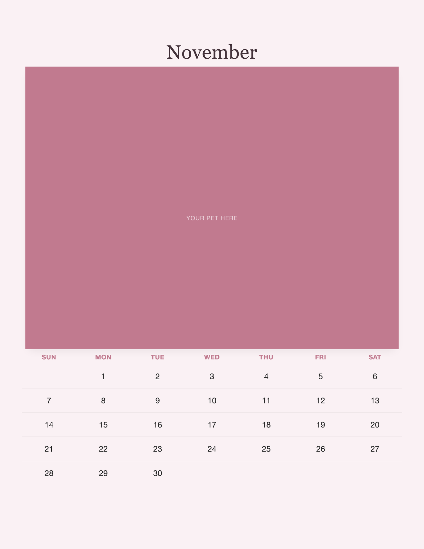 November page of the Pet Mom Calendar 2027 — Best Pet Mom Ever, with a photo area above the date grid