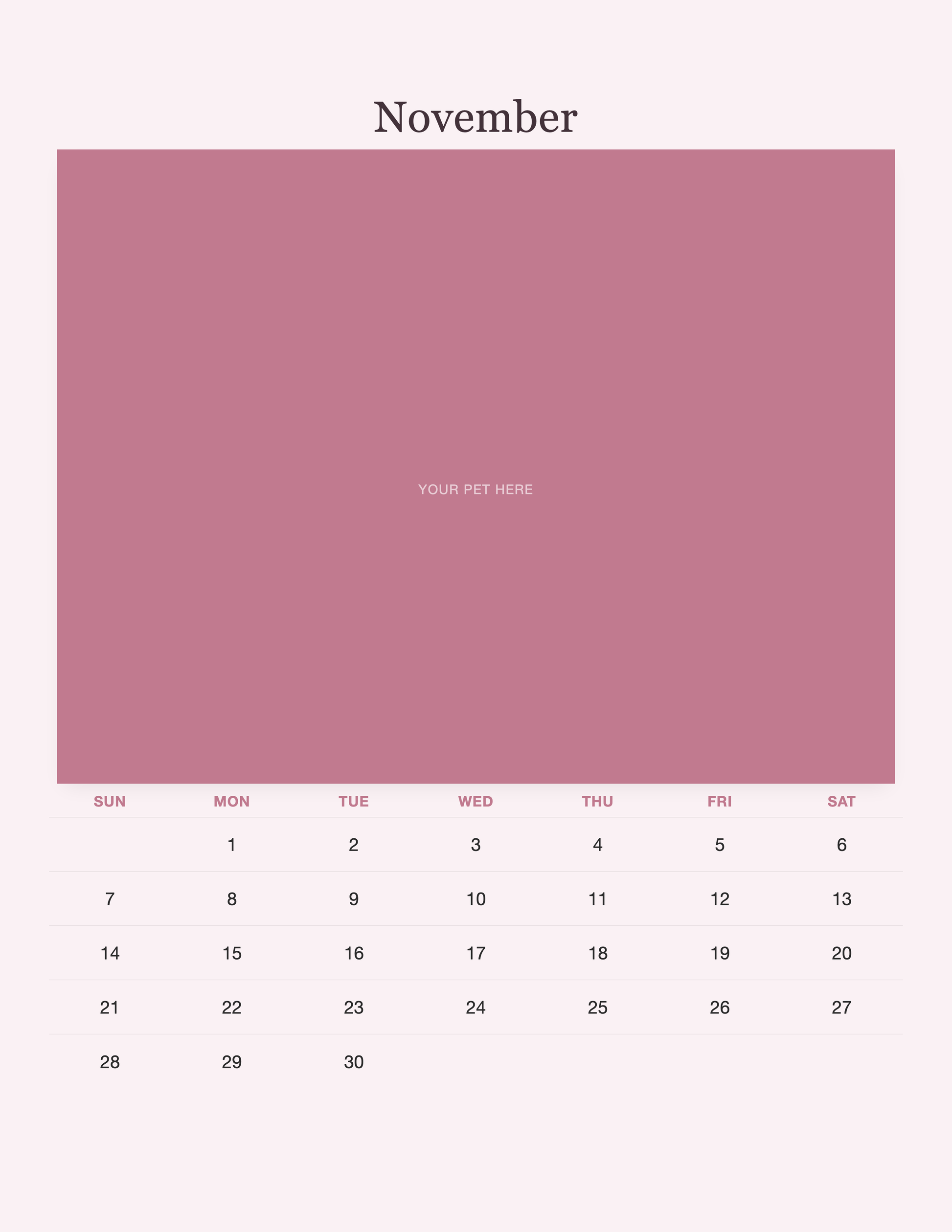 November page of the Pet Mom Calendar 2027 — Best Pet Mom Ever, with a photo area above the date grid