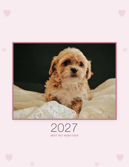 Pet Mom Calendar 2027 — Best Pet Mom Ever shown with a sample pet photo on the cover