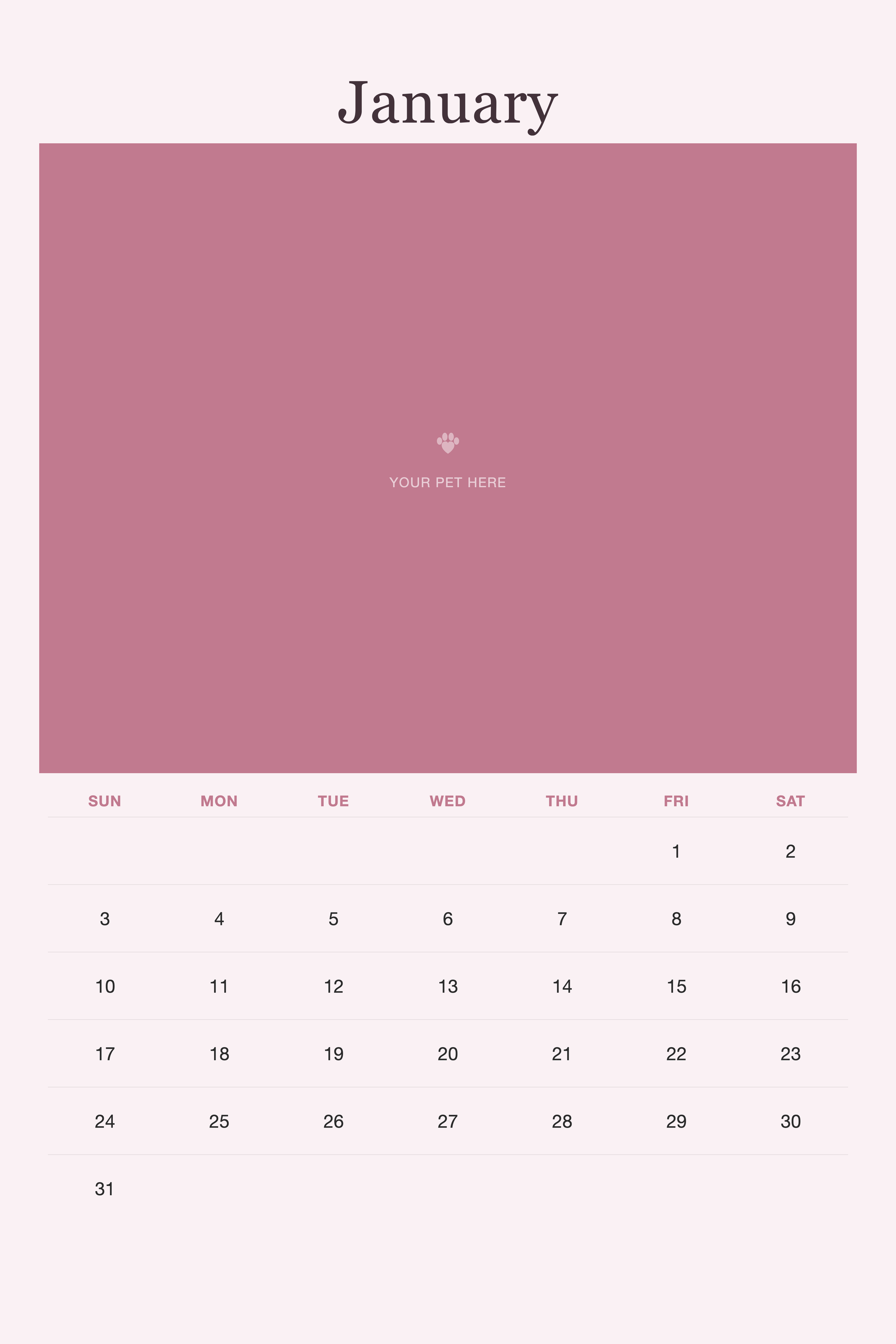 January page of the Pet Mom Calendar 2027 — Best Pet Mom Ever, with a photo area above the date grid