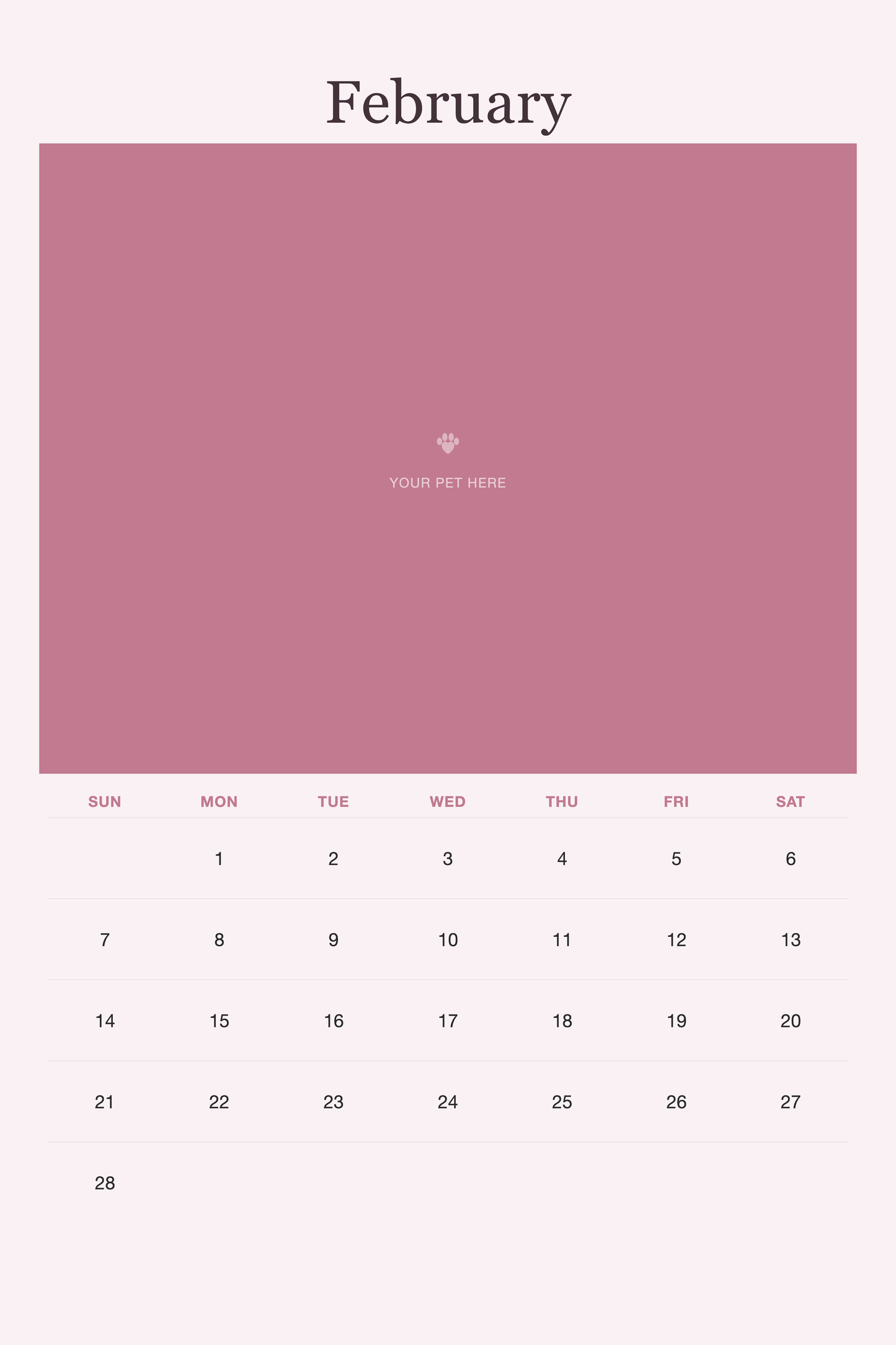 February page of the Pet Mom Calendar 2027 — Best Pet Mom Ever, with a photo area above the date grid