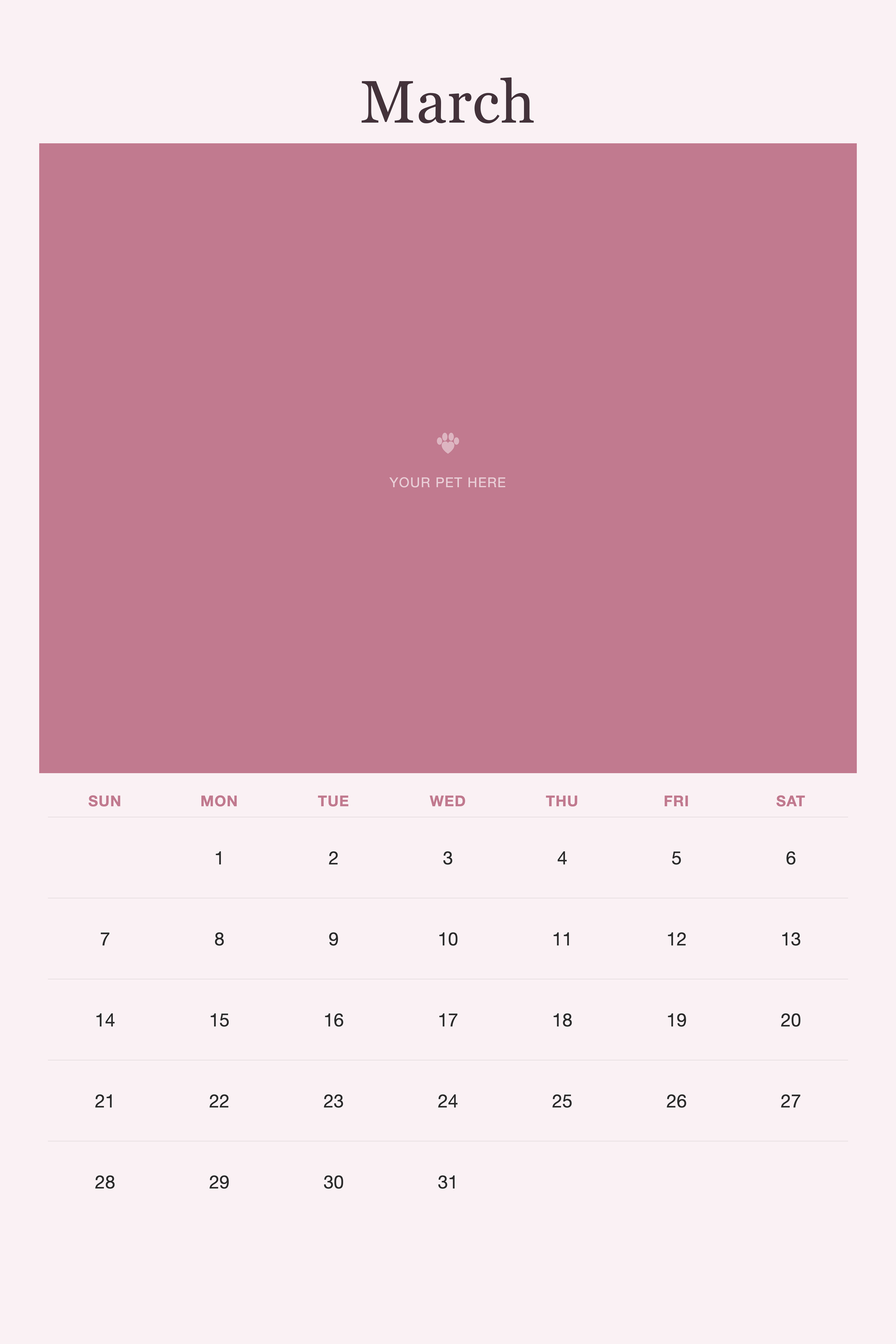 March page of the Pet Mom Calendar 2027 — Best Pet Mom Ever, with a photo area above the date grid