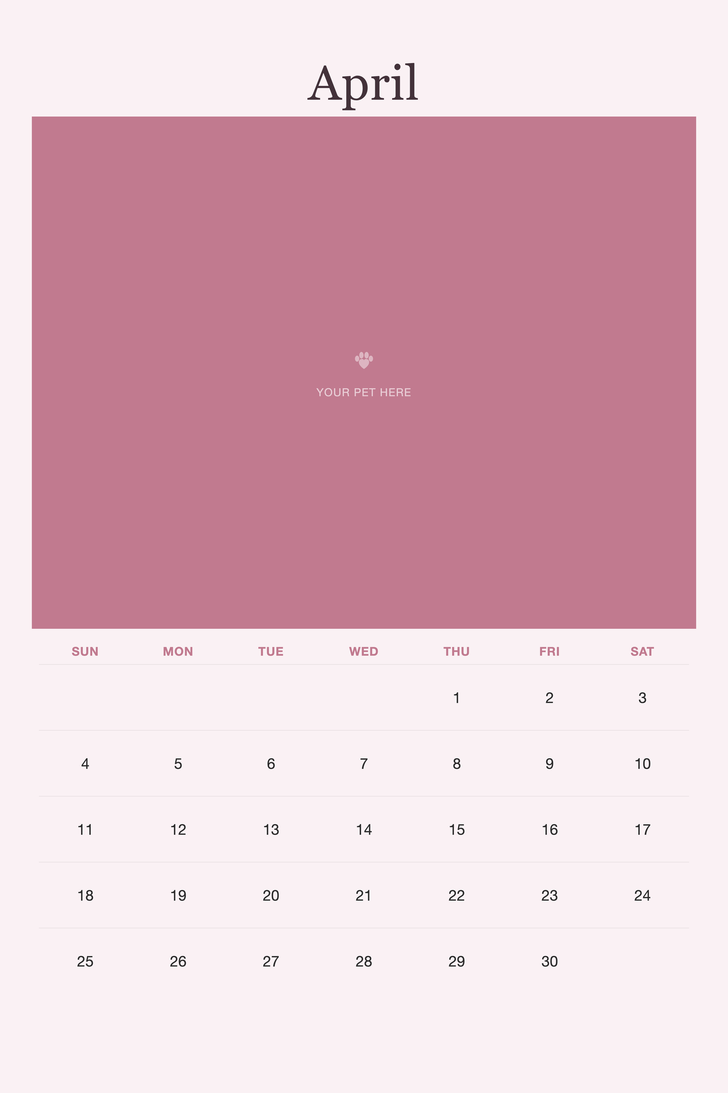April page of the Pet Mom Calendar 2027 — Best Pet Mom Ever, with a photo area above the date grid