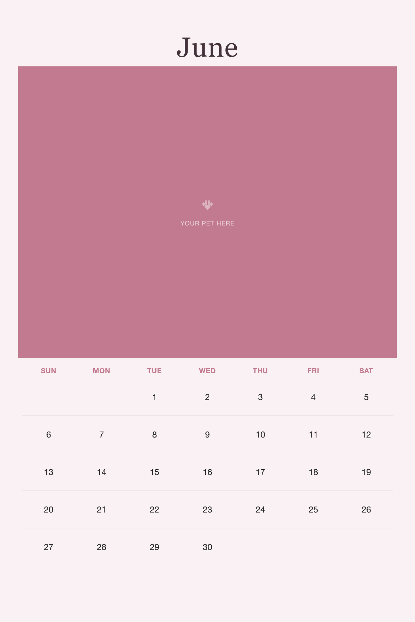 June page of the Pet Mom Calendar 2027 — Best Pet Mom Ever, with a photo area above the date grid