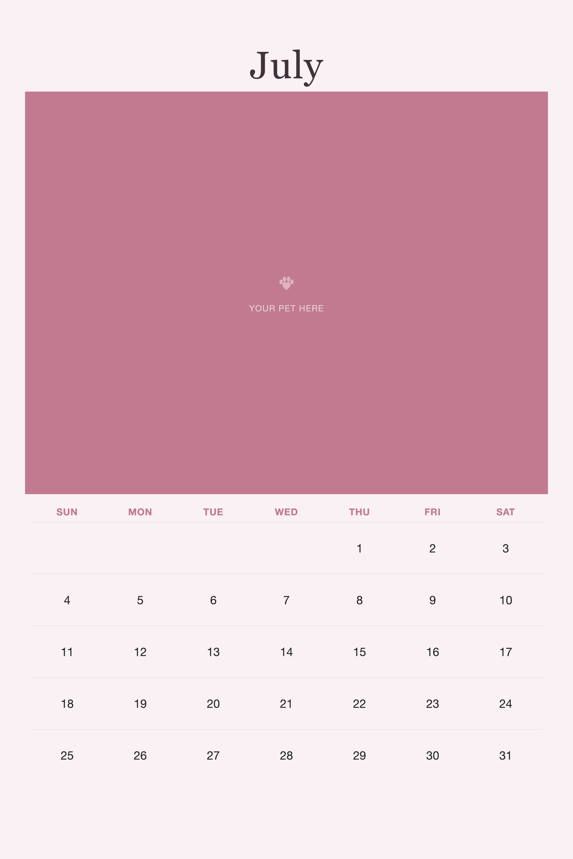 July page of the Pet Mom Calendar 2027 — Best Pet Mom Ever, with a photo area above the date grid