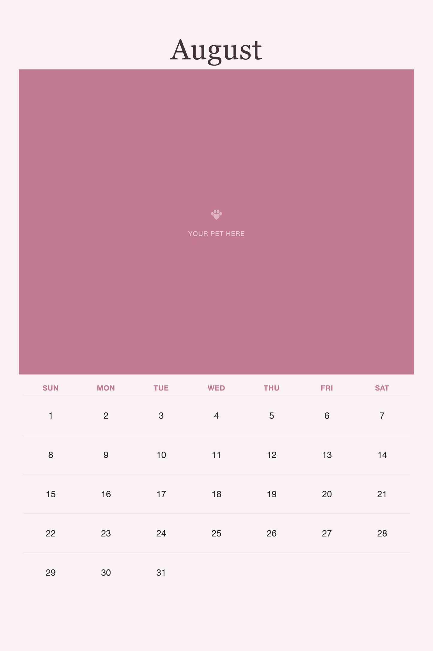 August page of the Pet Mom Calendar 2027 — Best Pet Mom Ever, with a photo area above the date grid