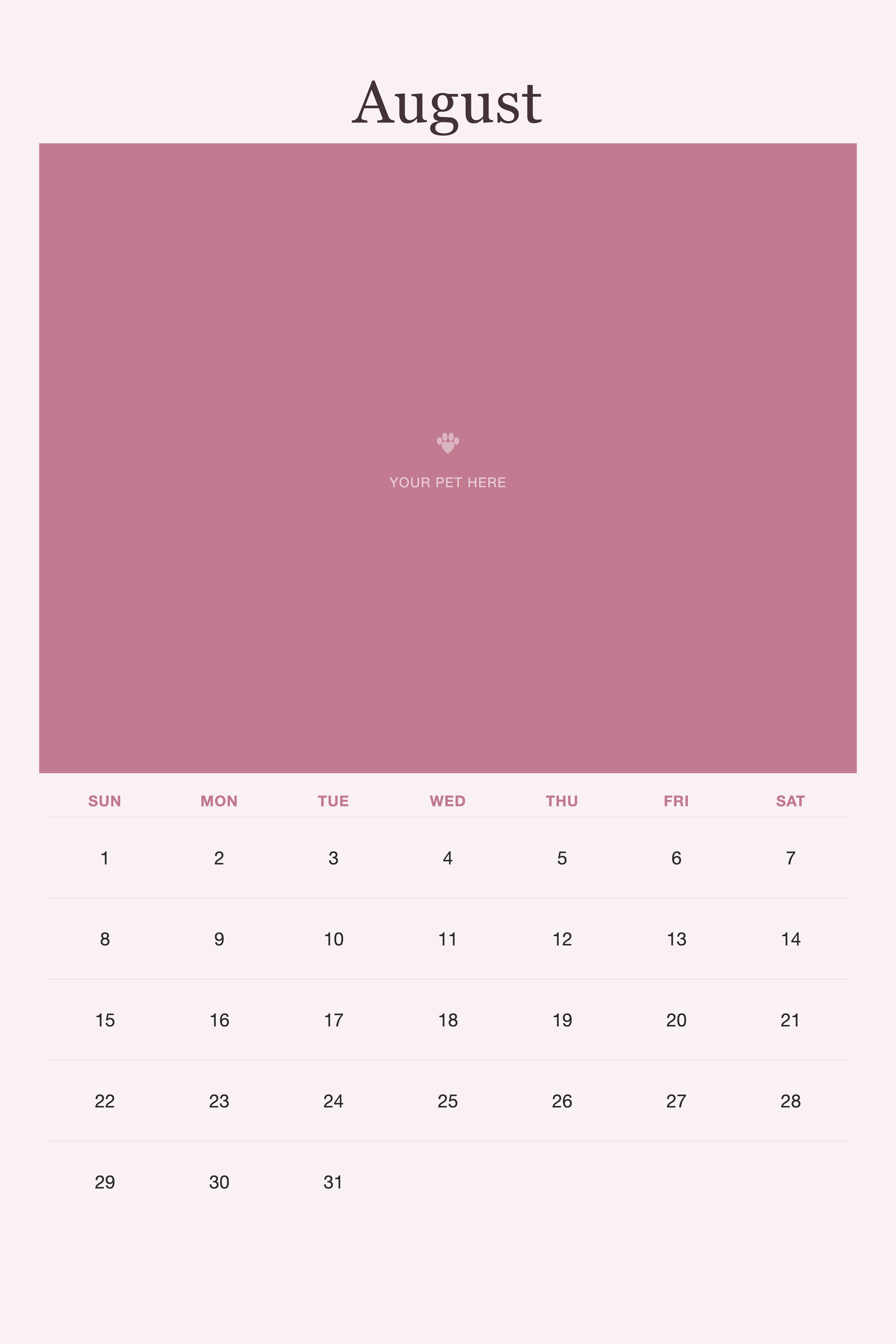 August page of the Pet Mom Calendar 2027 — Best Pet Mom Ever, with a photo area above the date grid