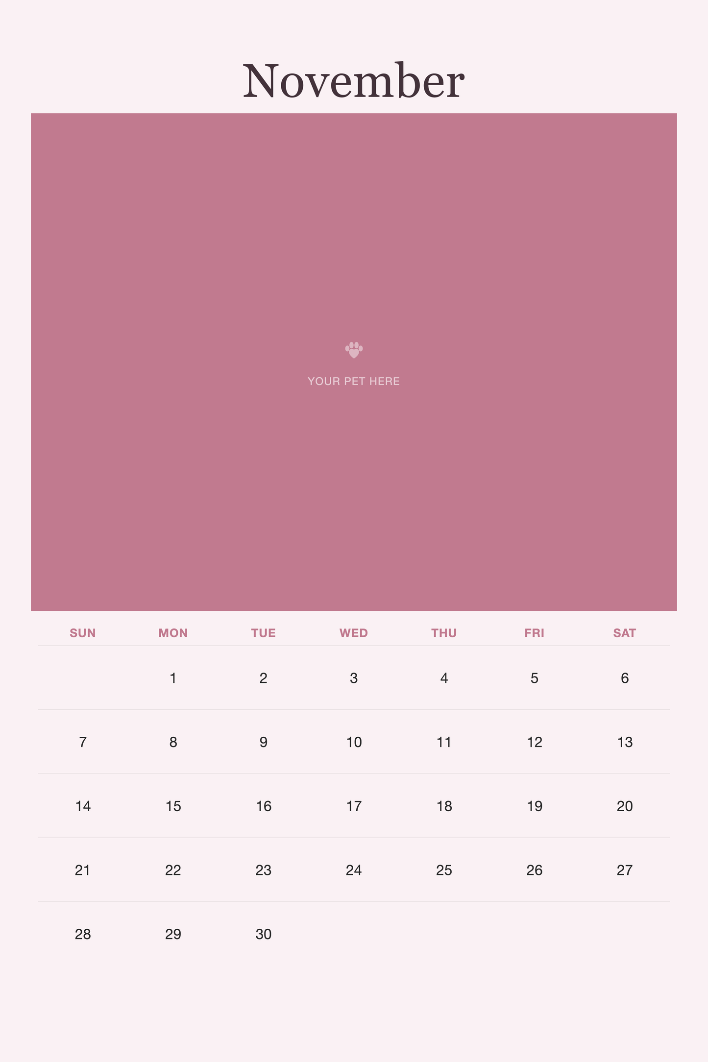 November page of the Pet Mom Calendar 2027 — Best Pet Mom Ever, with a photo area above the date grid