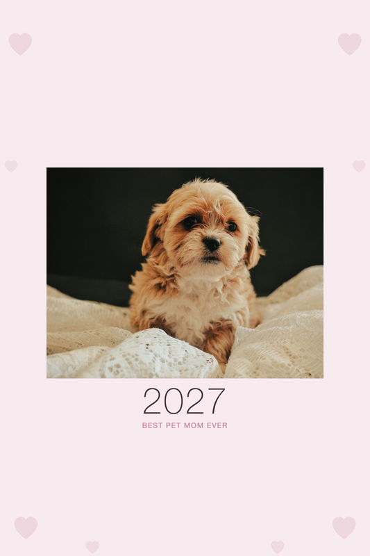Pet Mom Calendar 2027 — Best Pet Mom Ever shown with a sample pet photo on the cover