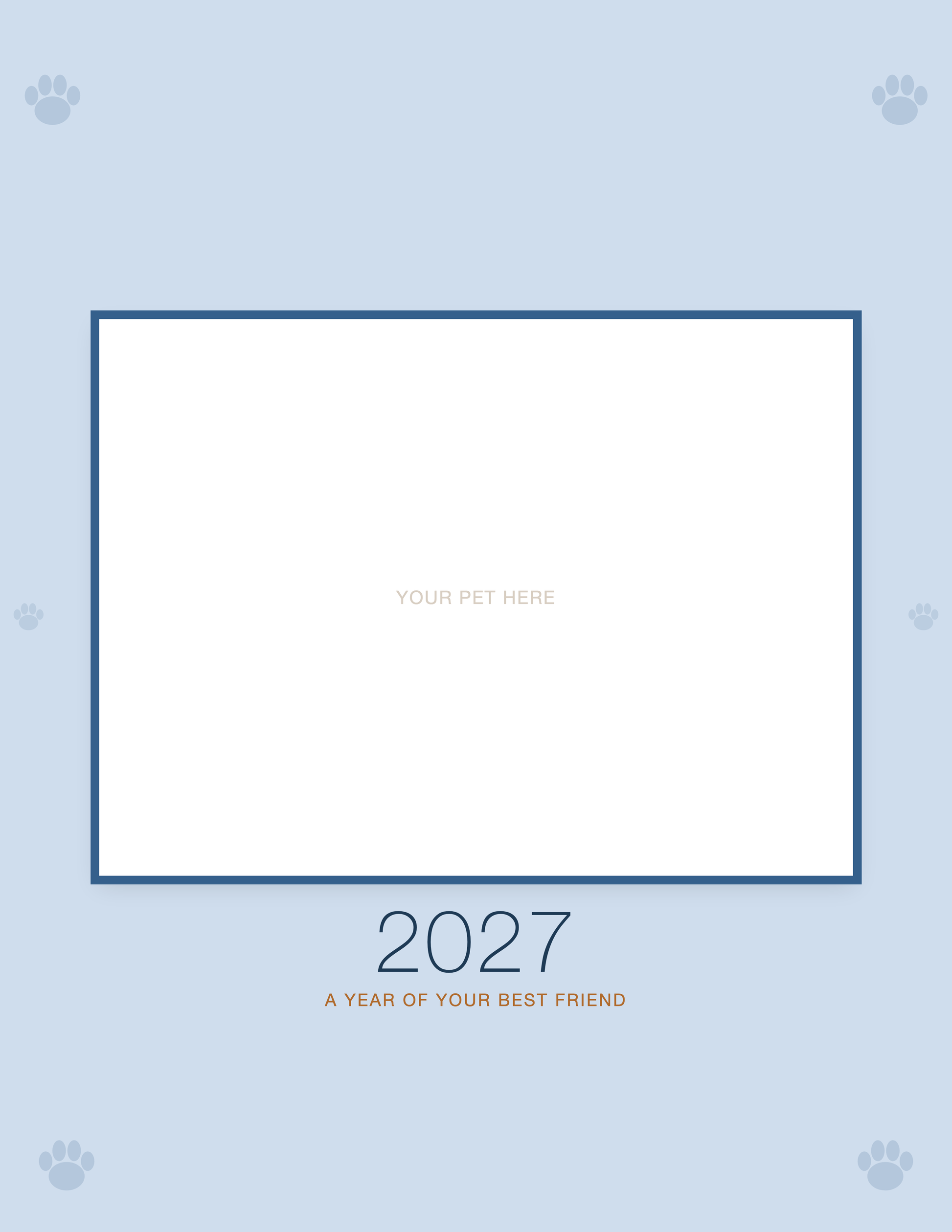 Cover of the Personalized Pet Photo Calendar 2027 — Minimalist Blue, with space for your pet's photo and name