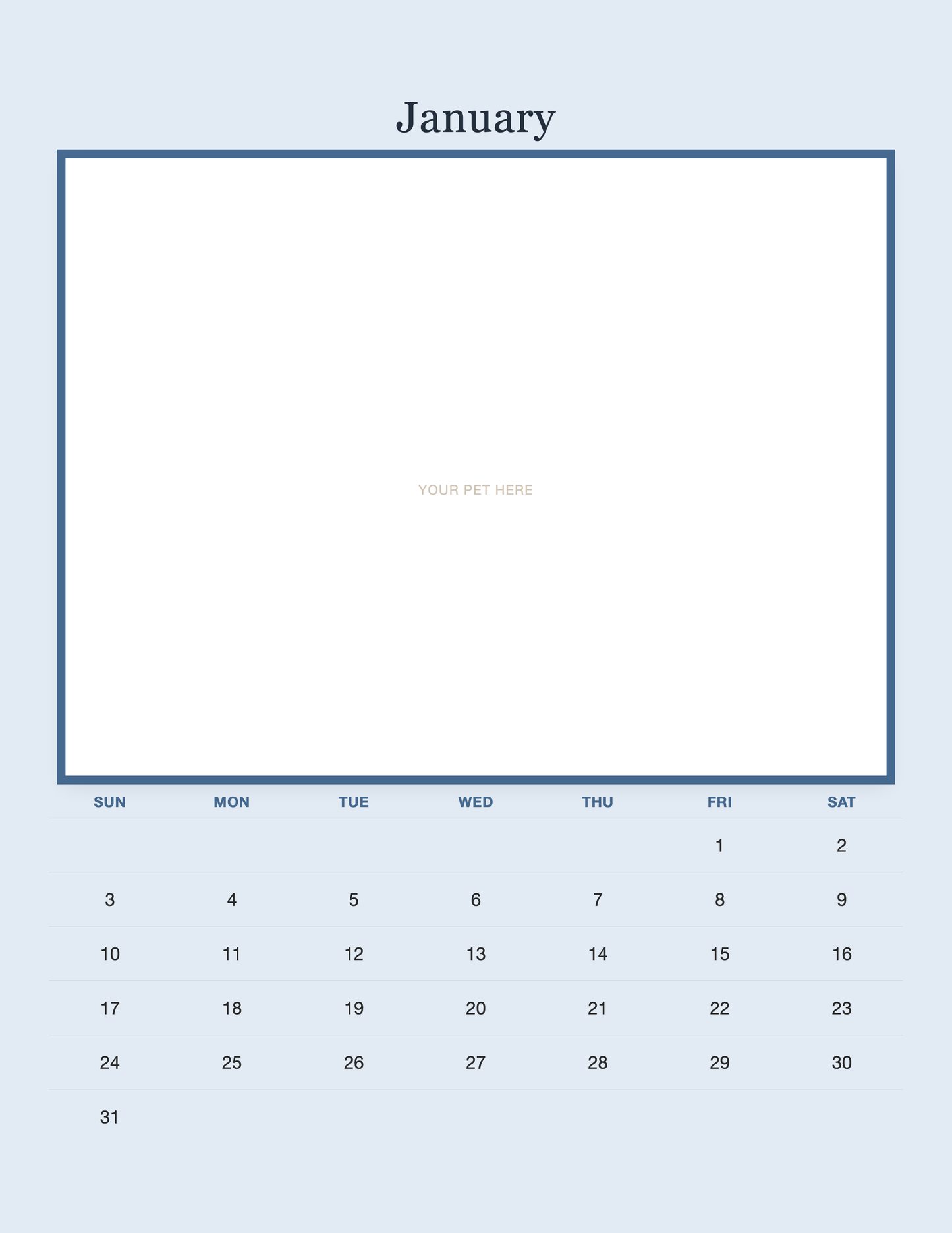 January page of the Personalized Pet Photo Calendar 2027 — Minimalist Blue, with a photo area above the date grid
