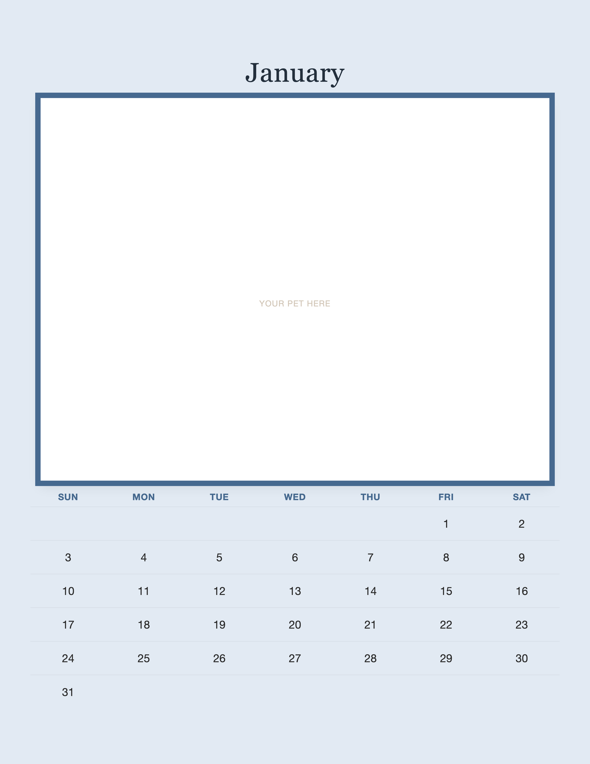 January page of the Personalized Pet Photo Calendar 2027 — Minimalist Blue, with a photo area above the date grid
