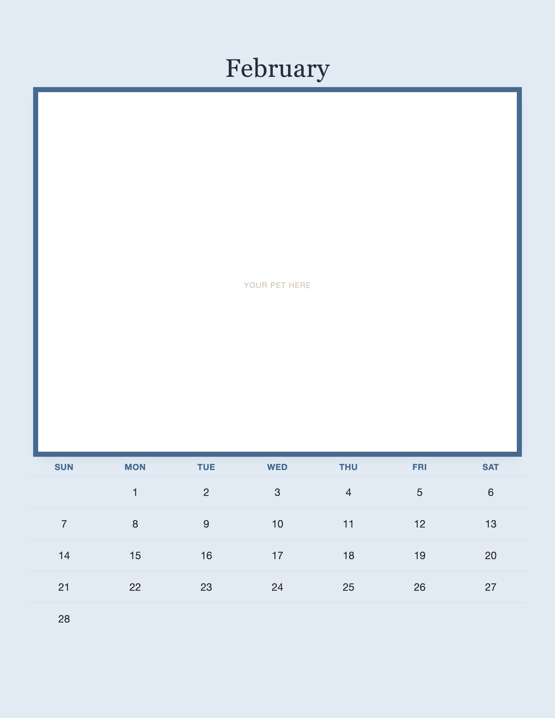 February page of the Personalized Pet Photo Calendar 2027 — Minimalist Blue, with a photo area above the date grid