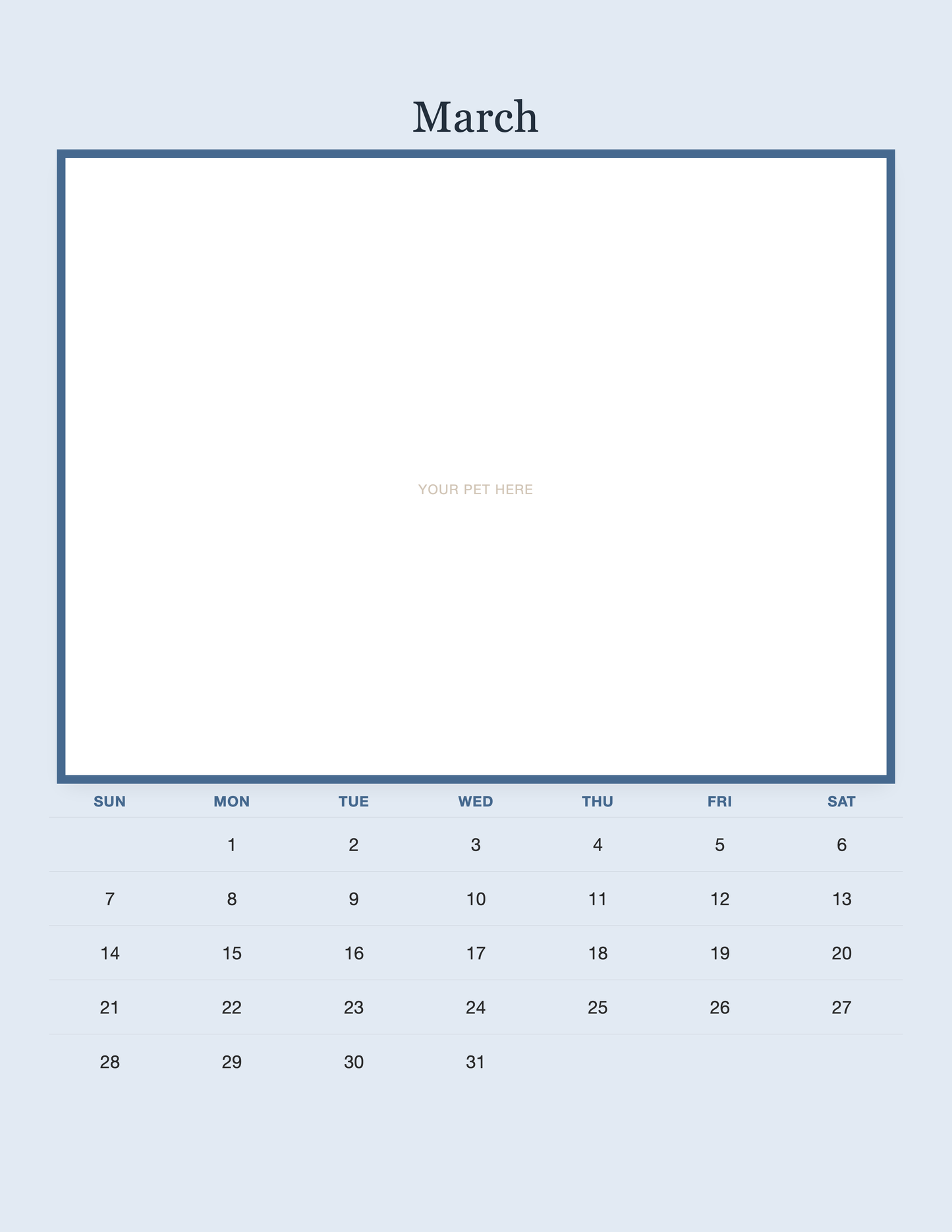 March page of the Personalized Pet Photo Calendar 2027 — Minimalist Blue, with a photo area above the date grid
