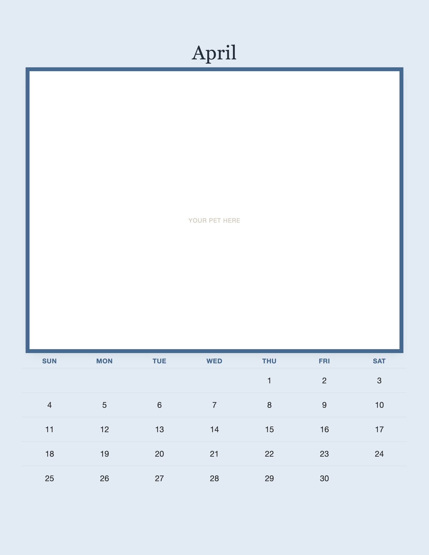 April page of the Personalized Pet Photo Calendar 2027 — Minimalist Blue, with a photo area above the date grid