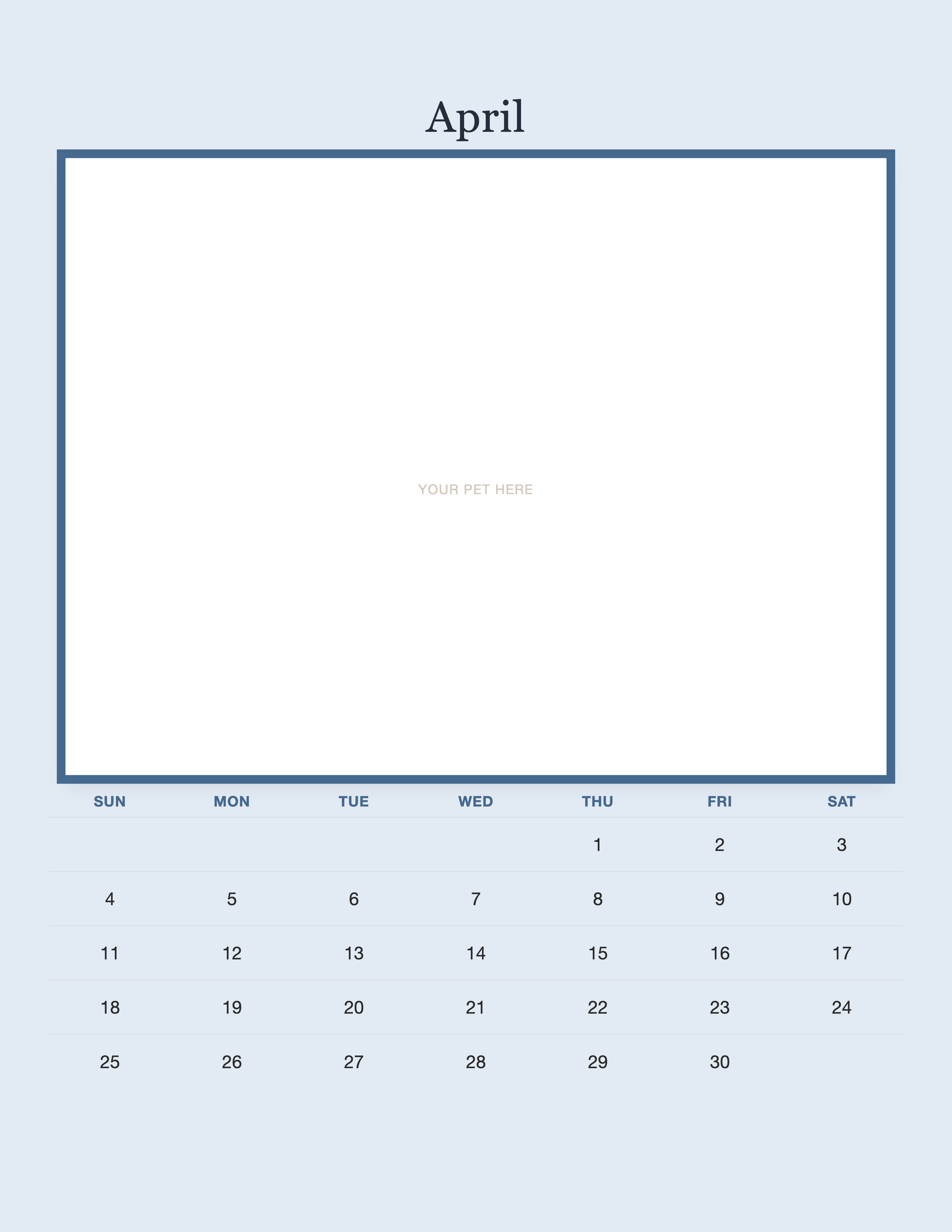 April page of the Personalized Pet Photo Calendar 2027 — Minimalist Blue, with a photo area above the date grid