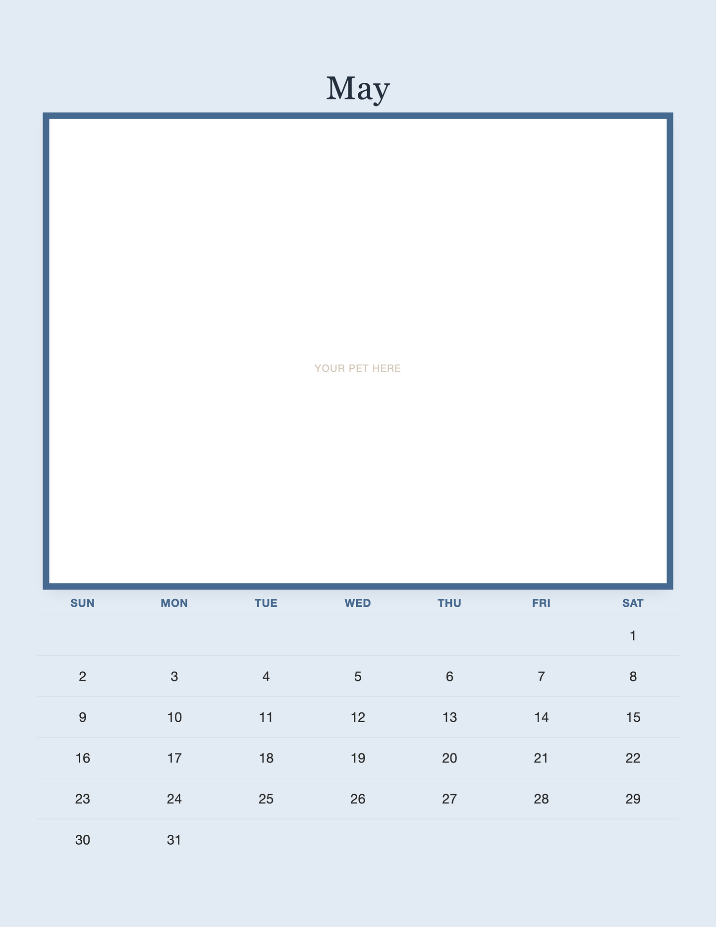 May page of the Personalized Pet Photo Calendar 2027 — Minimalist Blue, with a photo area above the date grid