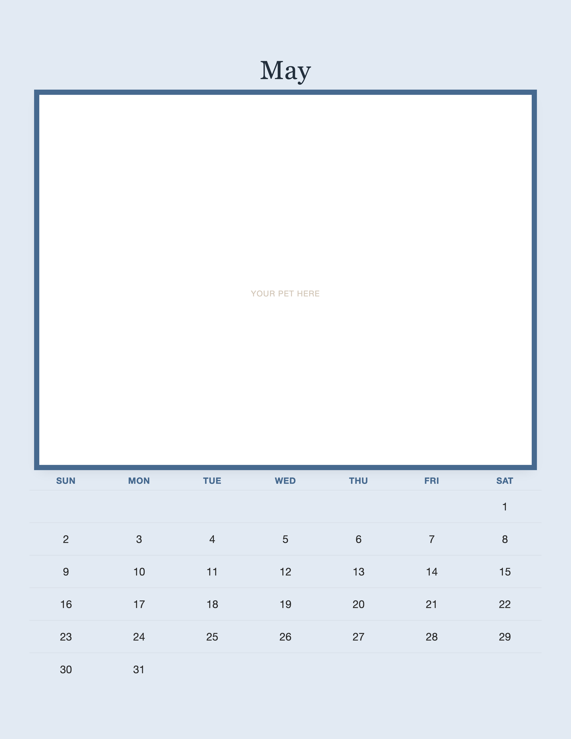 May page of the Personalized Pet Photo Calendar 2027 — Minimalist Blue, with a photo area above the date grid