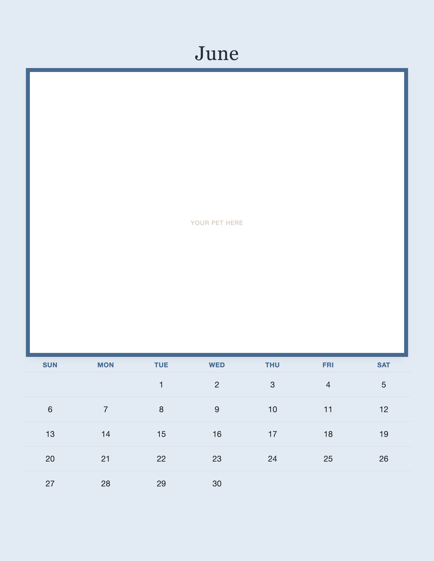 June page of the Personalized Pet Photo Calendar 2027 — Minimalist Blue, with a photo area above the date grid