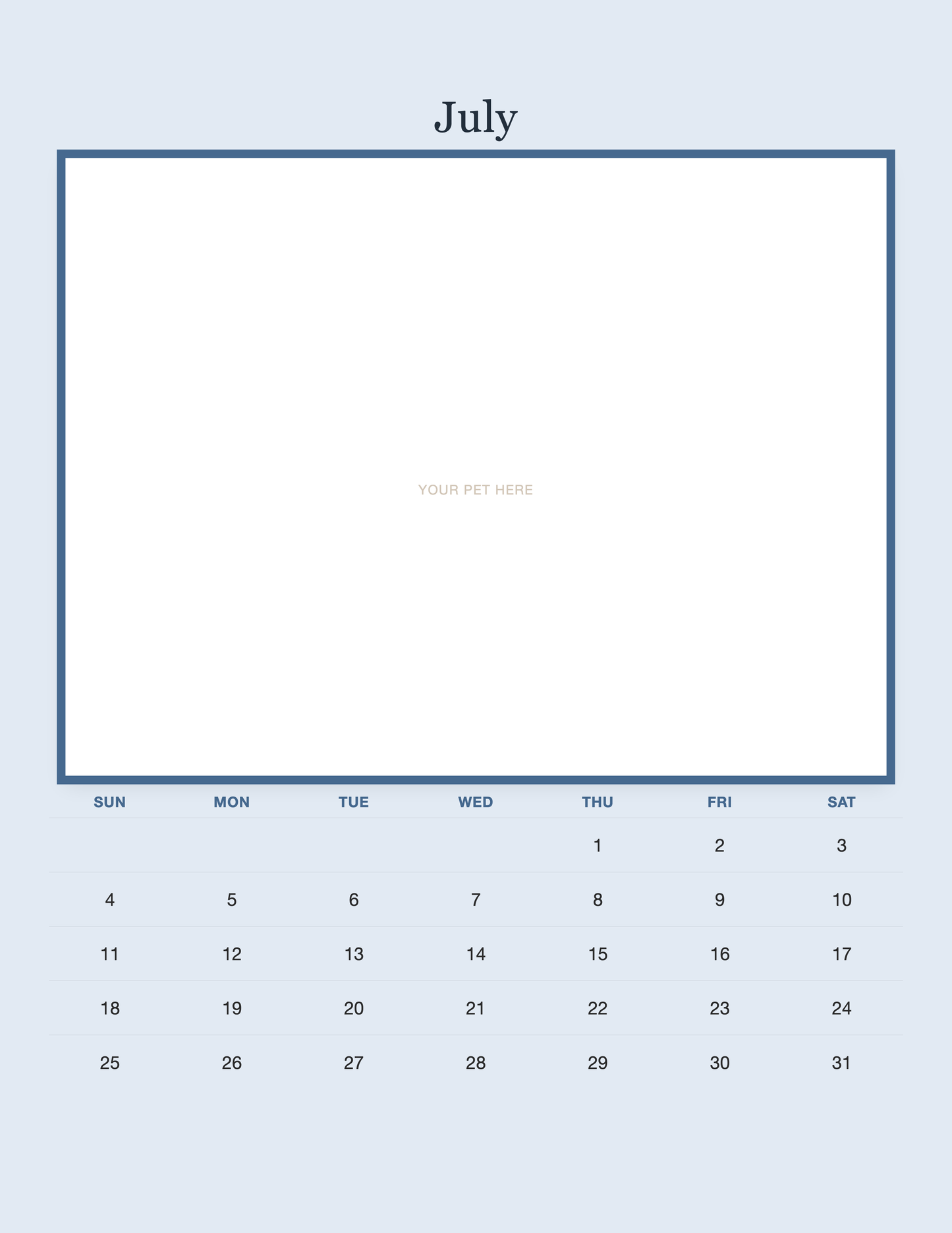 July page of the Personalized Pet Photo Calendar 2027 — Minimalist Blue, with a photo area above the date grid