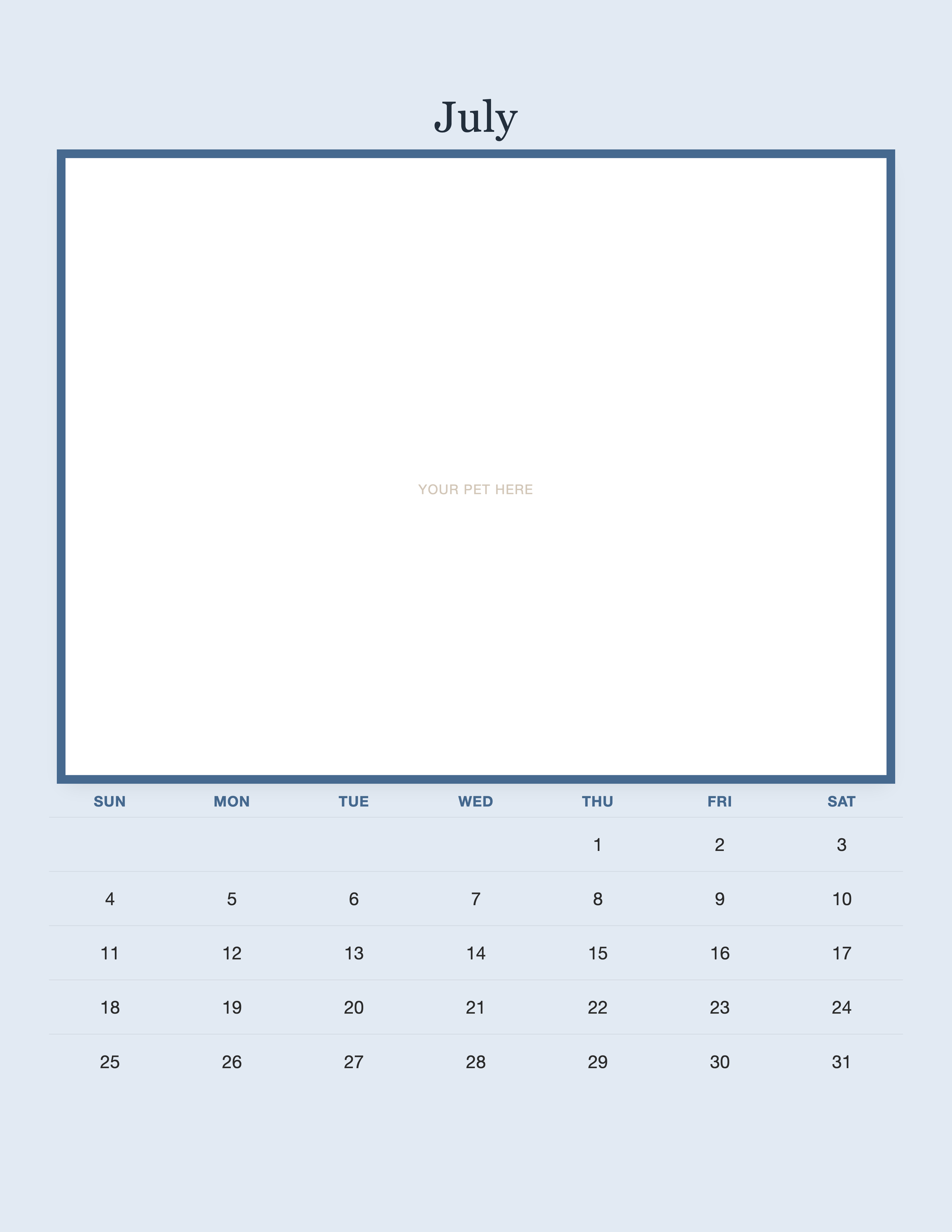 July page of the Personalized Pet Photo Calendar 2027 — Minimalist Blue, with a photo area above the date grid