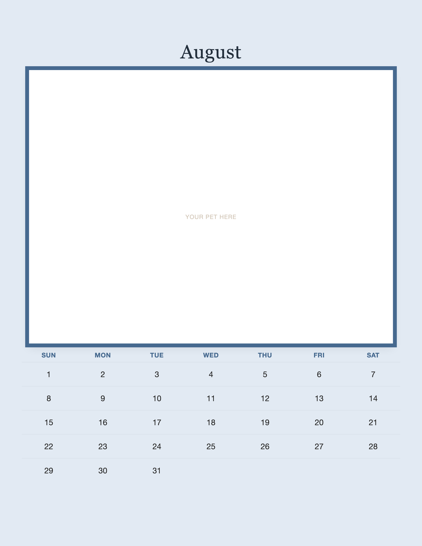 August page of the Personalized Pet Photo Calendar 2027 — Minimalist Blue, with a photo area above the date grid