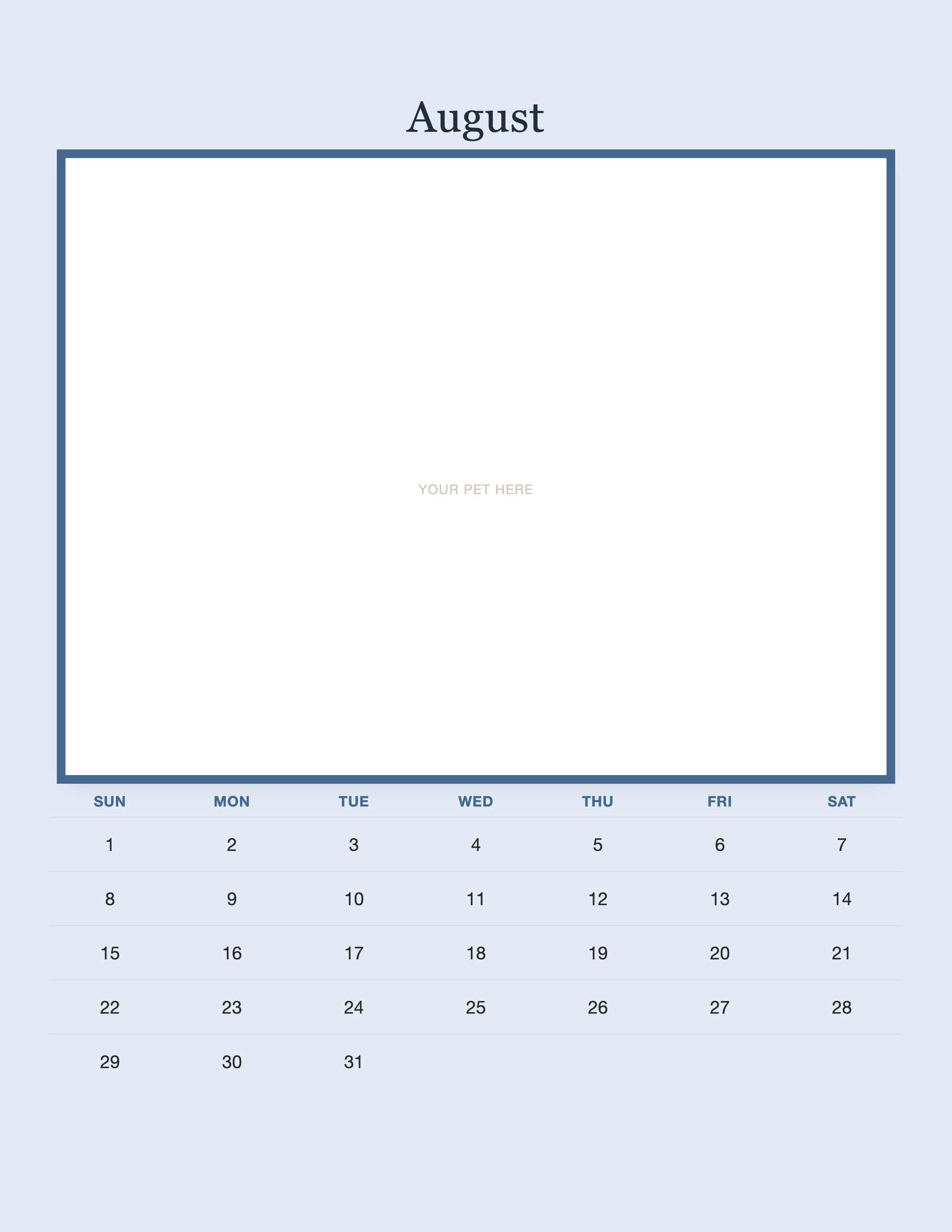 August page of the Personalized Pet Photo Calendar 2027 — Minimalist Blue, with a photo area above the date grid