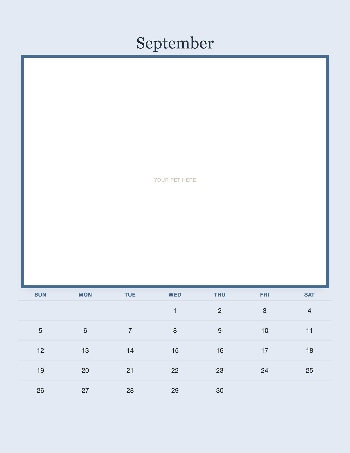 September page of the Personalized Pet Photo Calendar 2027 — Minimalist Blue, with a photo area above the date grid