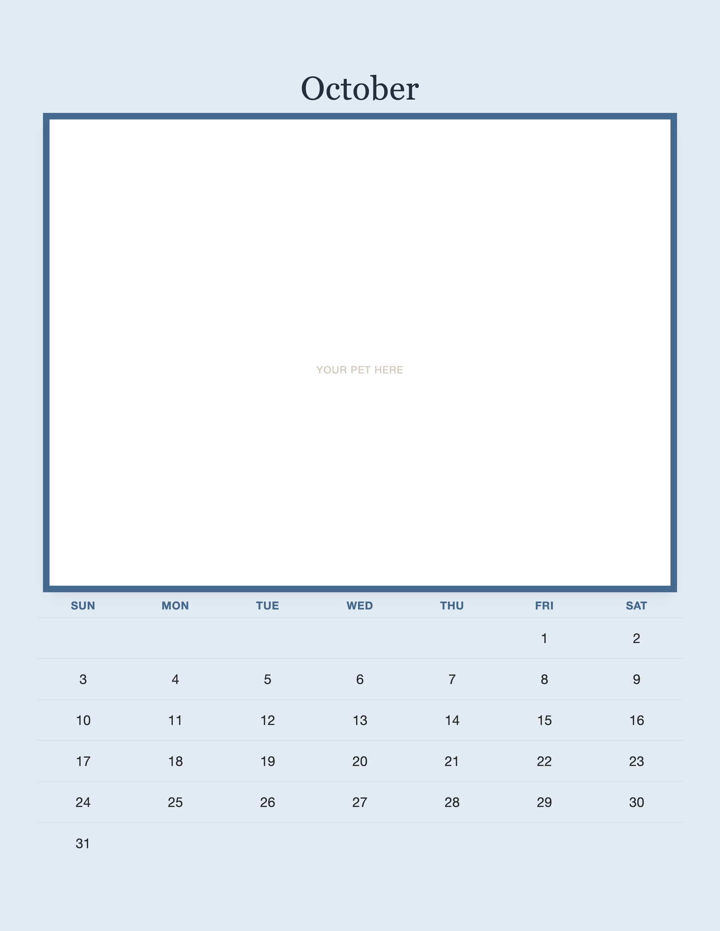 October page of the Personalized Pet Photo Calendar 2027 — Minimalist Blue, with a photo area above the date grid