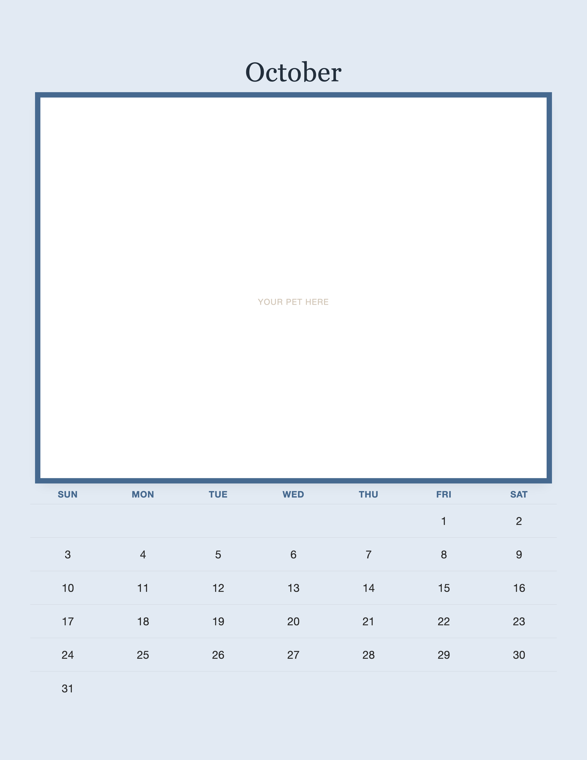 October page of the Personalized Pet Photo Calendar 2027 — Minimalist Blue, with a photo area above the date grid