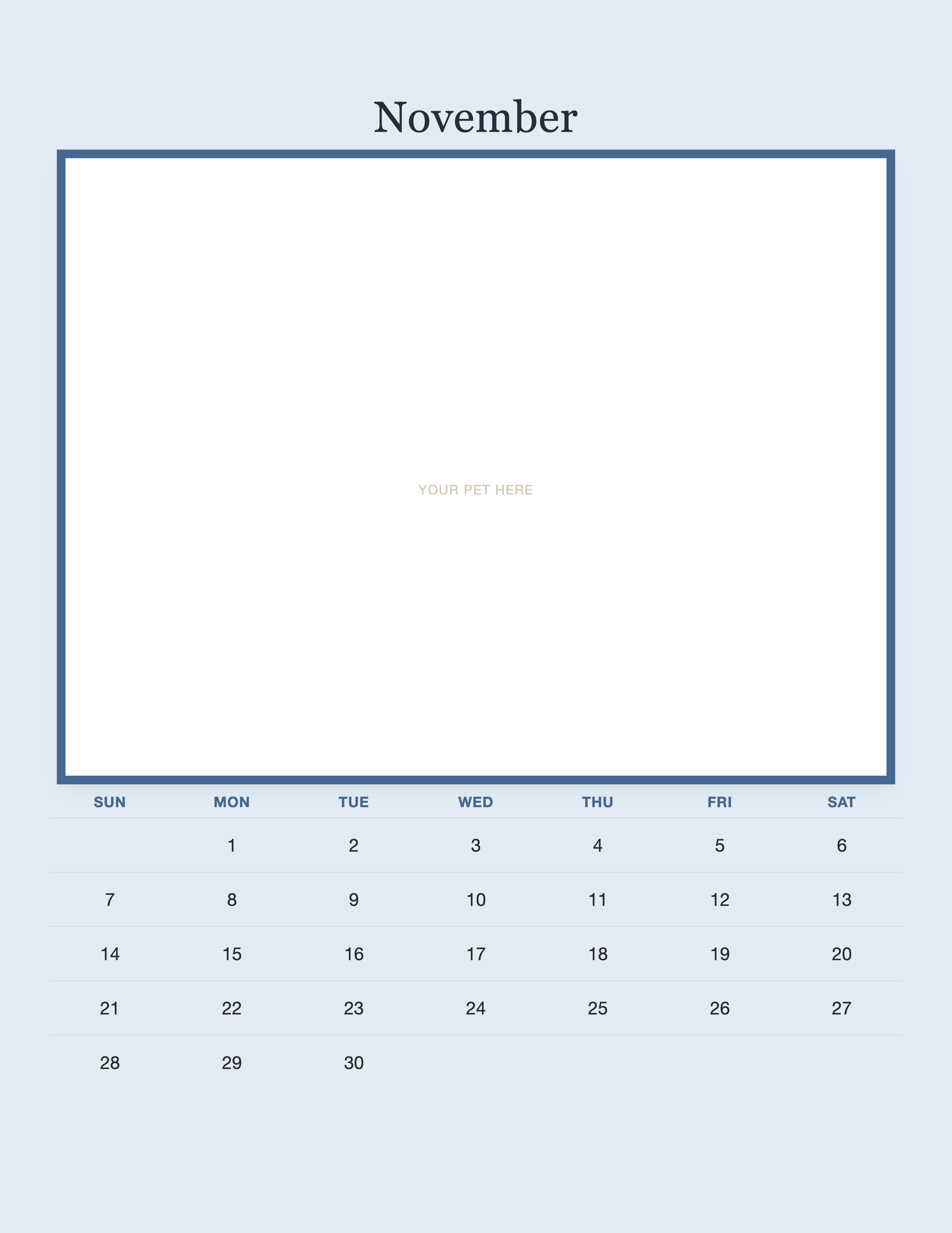 November page of the Personalized Pet Photo Calendar 2027 — Minimalist Blue, with a photo area above the date grid