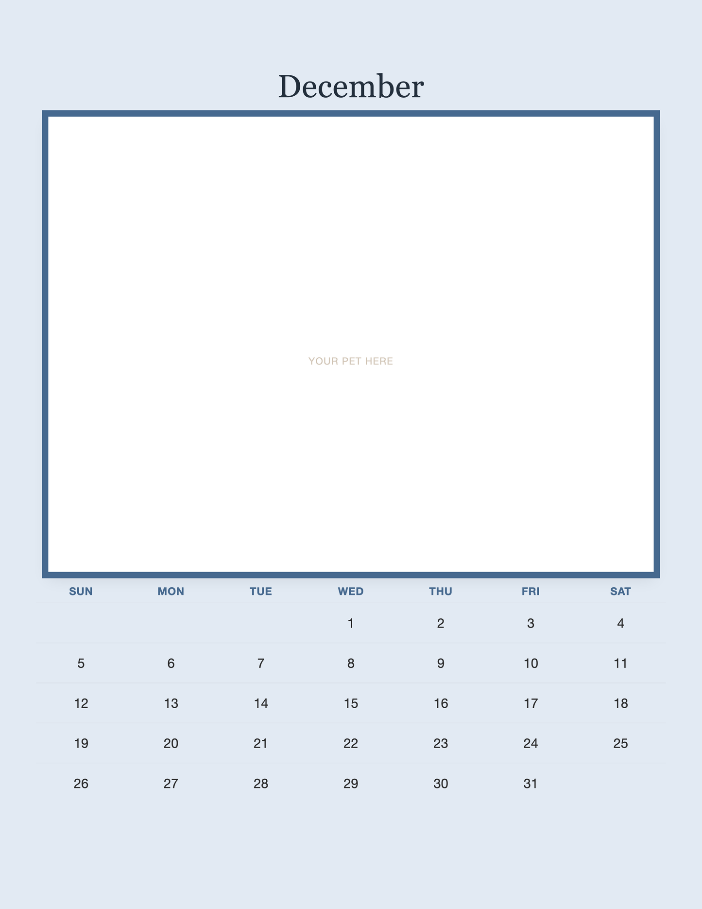 December page of the Personalized Pet Photo Calendar 2027 — Minimalist Blue, with a photo area above the date grid