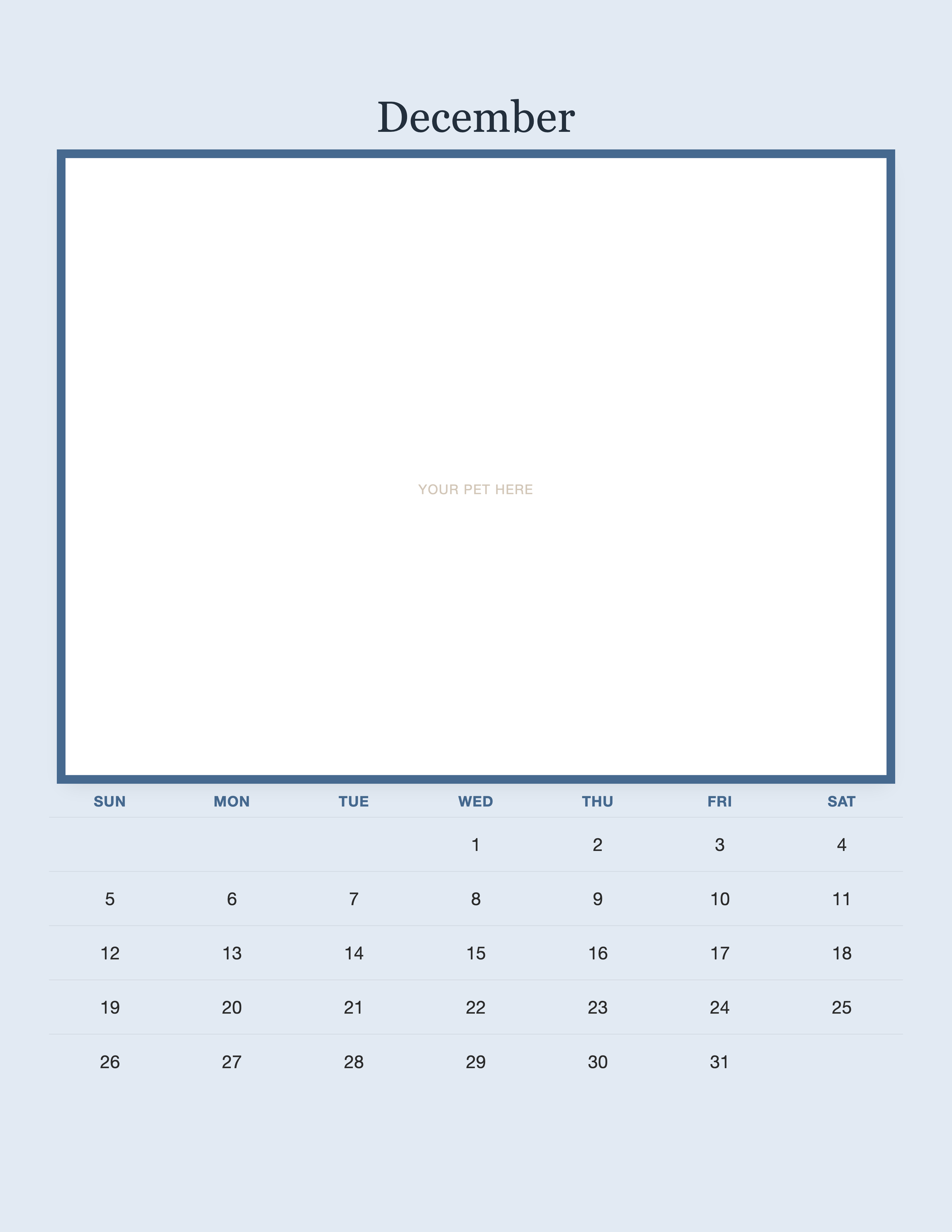 December page of the Personalized Pet Photo Calendar 2027 — Minimalist Blue, with a photo area above the date grid
