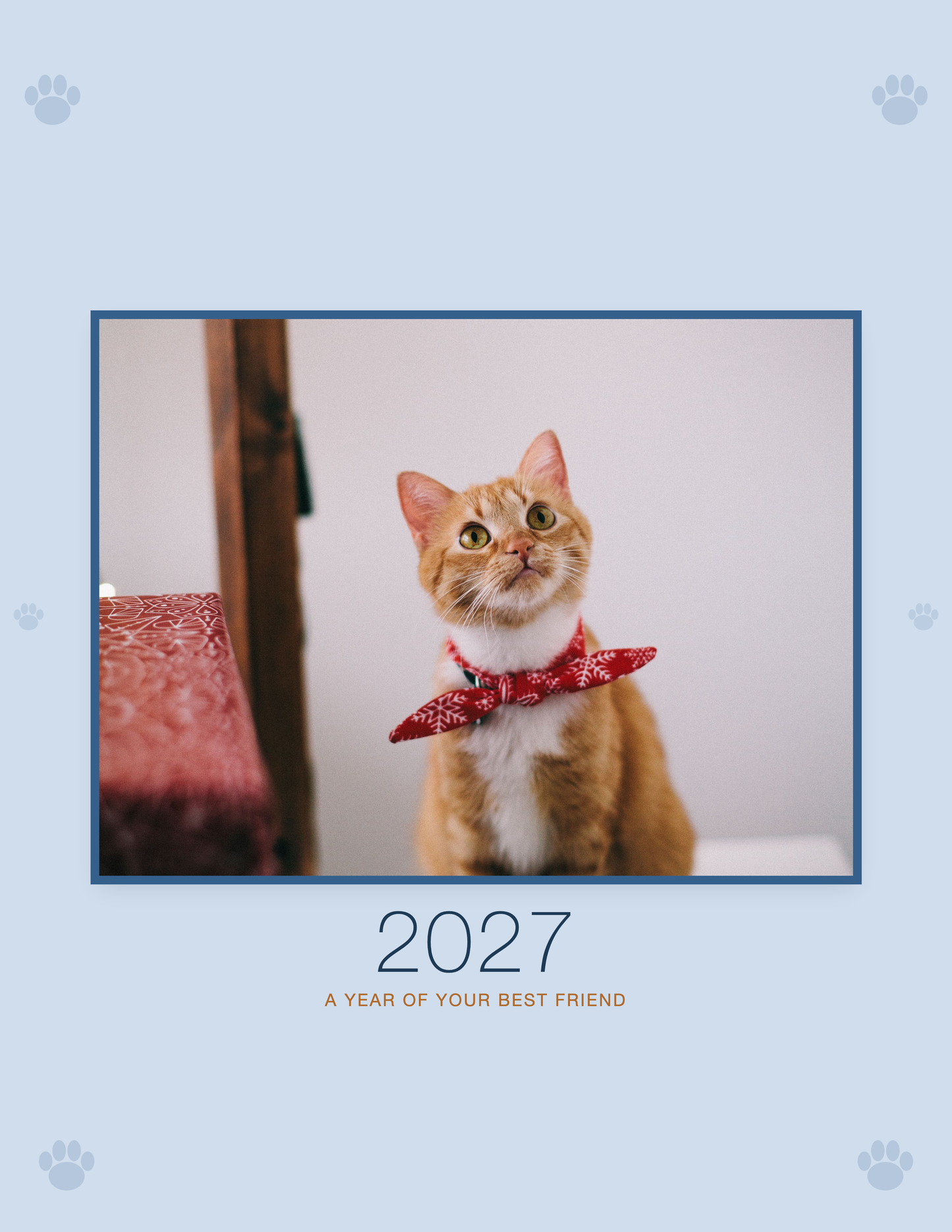 Personalized Pet Photo Calendar 2027 — Minimalist Blue shown with a sample pet photo on the cover