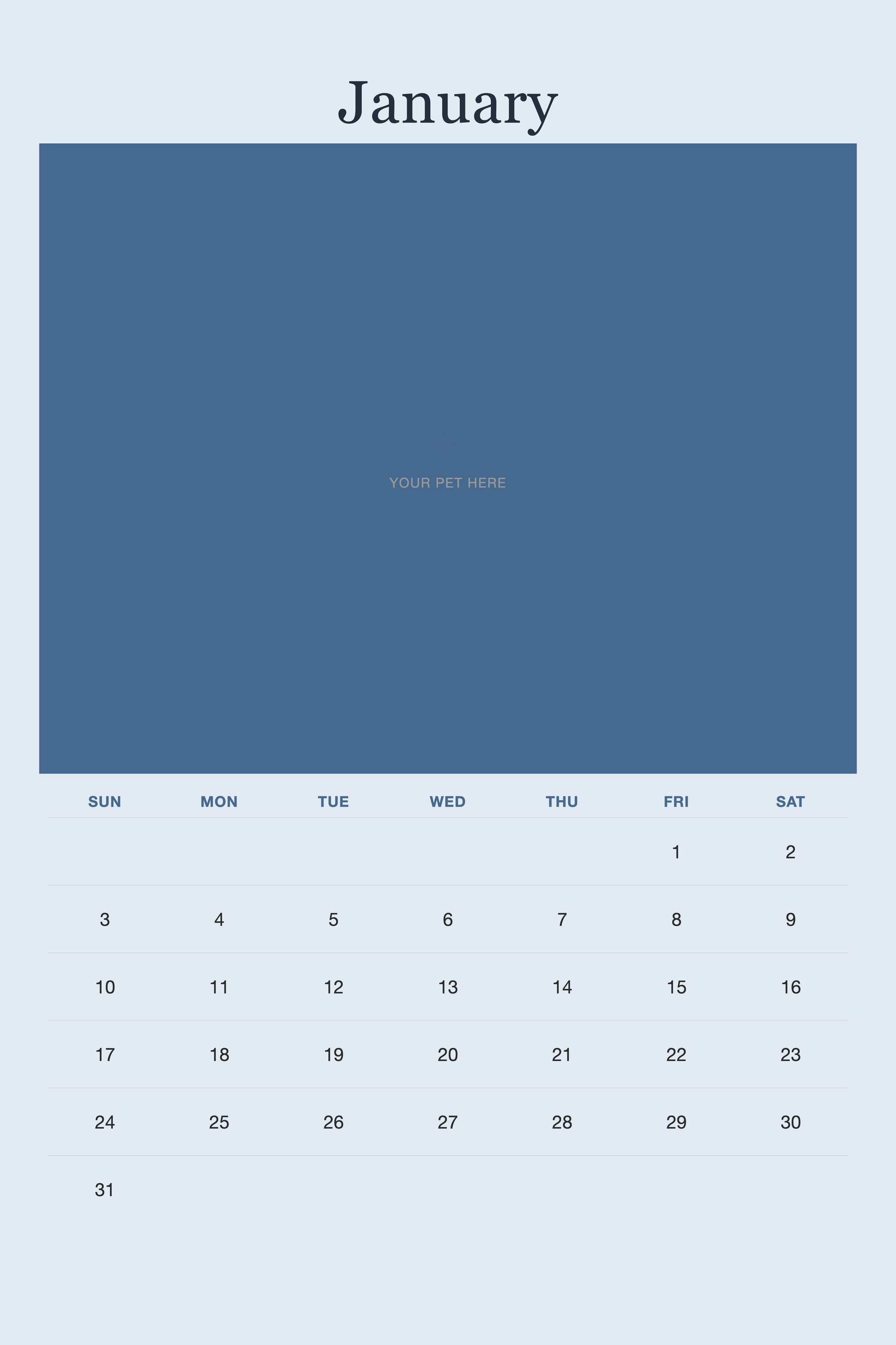 January page of the Personalized Pet Photo Calendar 2027 — XL Minimalist Blue, with a photo area above the date grid