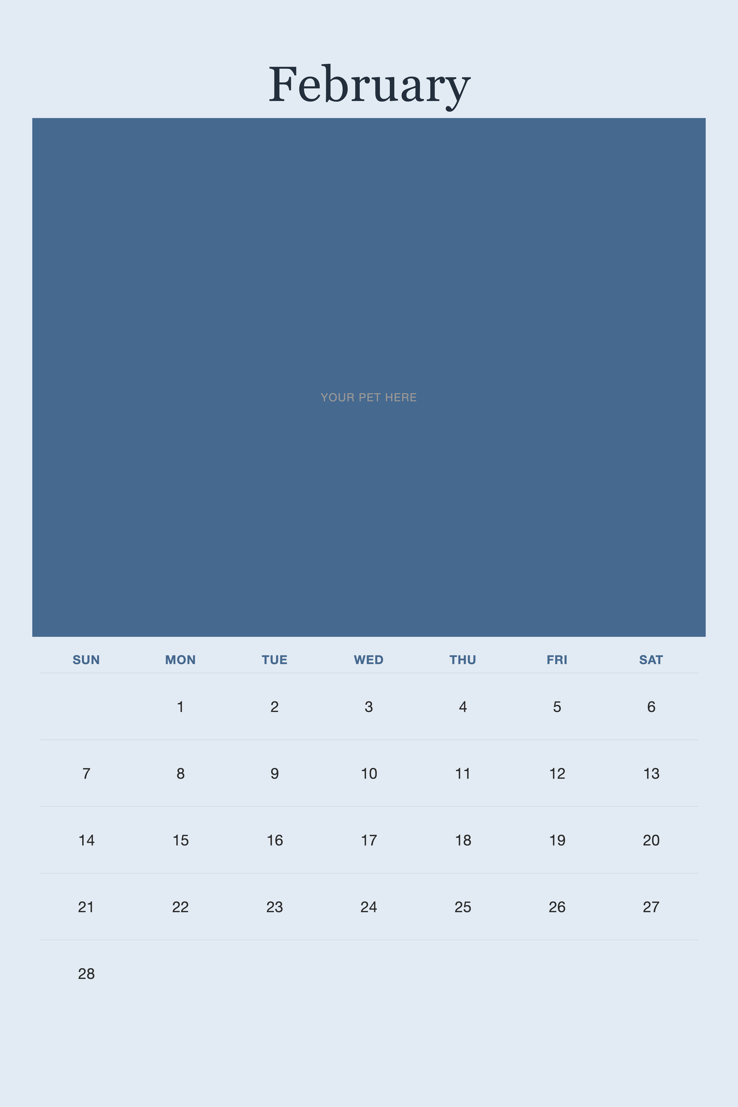 February page of the Personalized Pet Photo Calendar 2027 — XL Minimalist Blue, with a photo area above the date grid