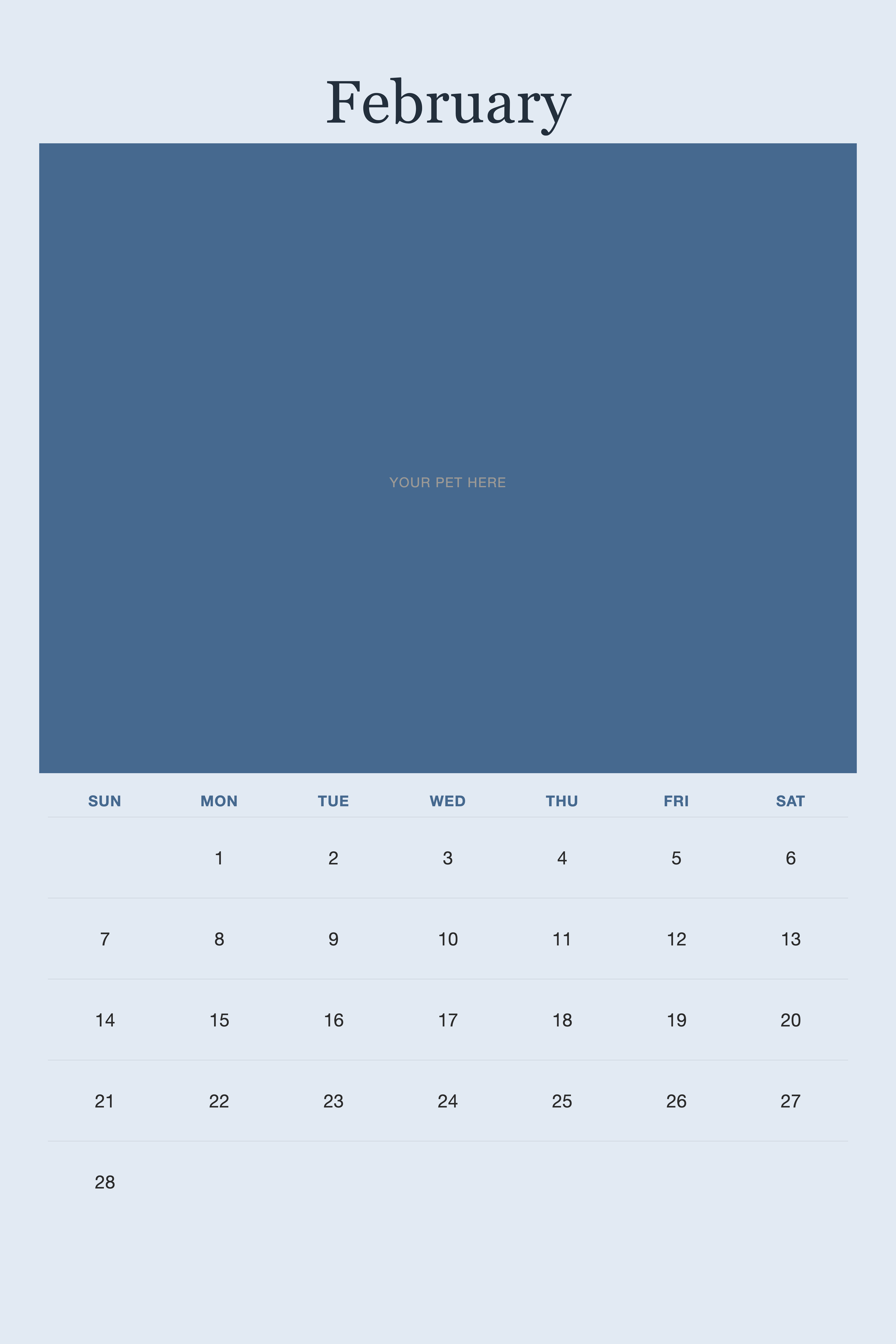 February page of the Personalized Pet Photo Calendar 2027 — XL Minimalist Blue, with a photo area above the date grid