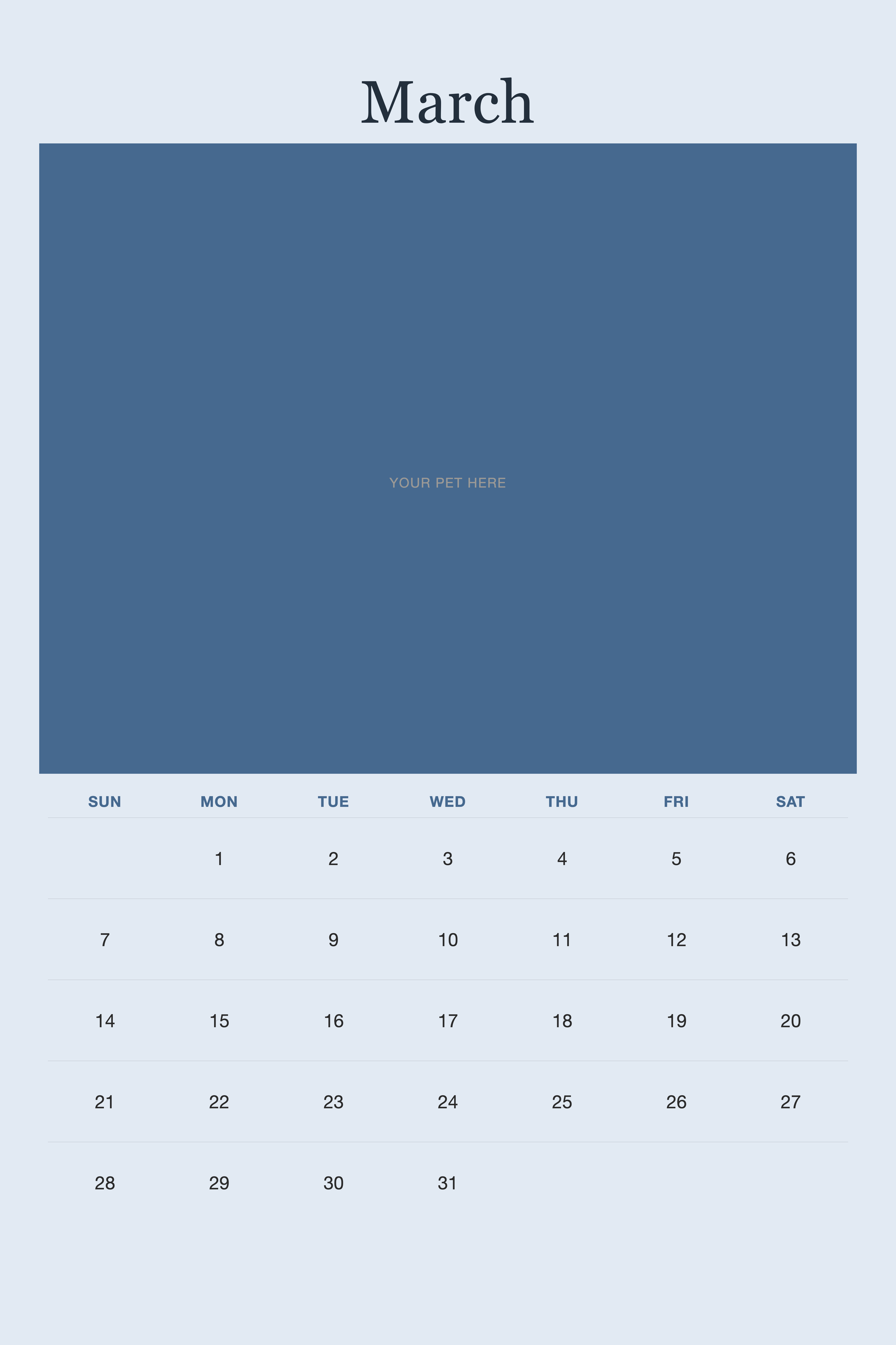 March page of the Personalized Pet Photo Calendar 2027 — XL Minimalist Blue, with a photo area above the date grid