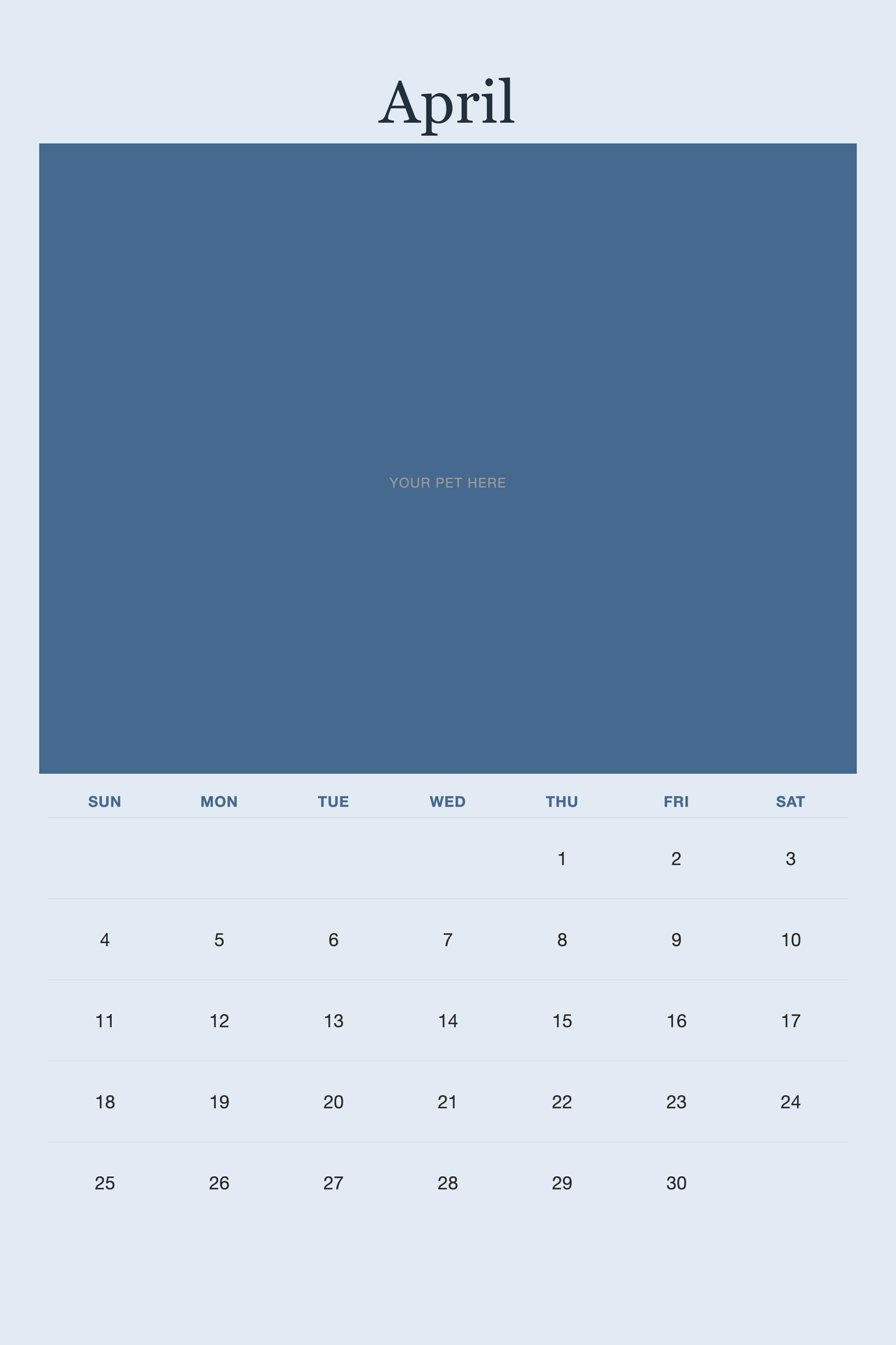 April page of the Personalized Pet Photo Calendar 2027 — XL Minimalist Blue, with a photo area above the date grid