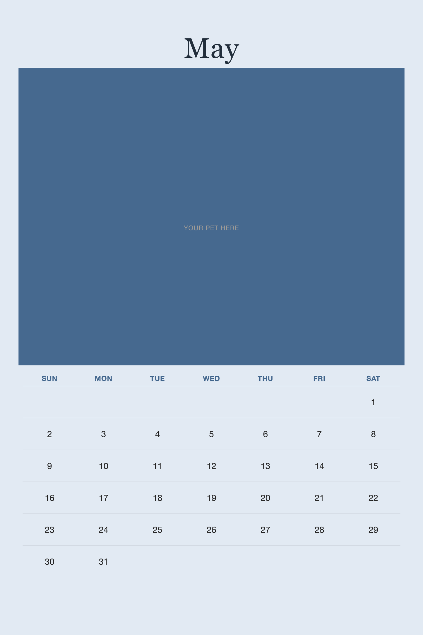 May page of the Personalized Pet Photo Calendar 2027 — XL Minimalist Blue, with a photo area above the date grid