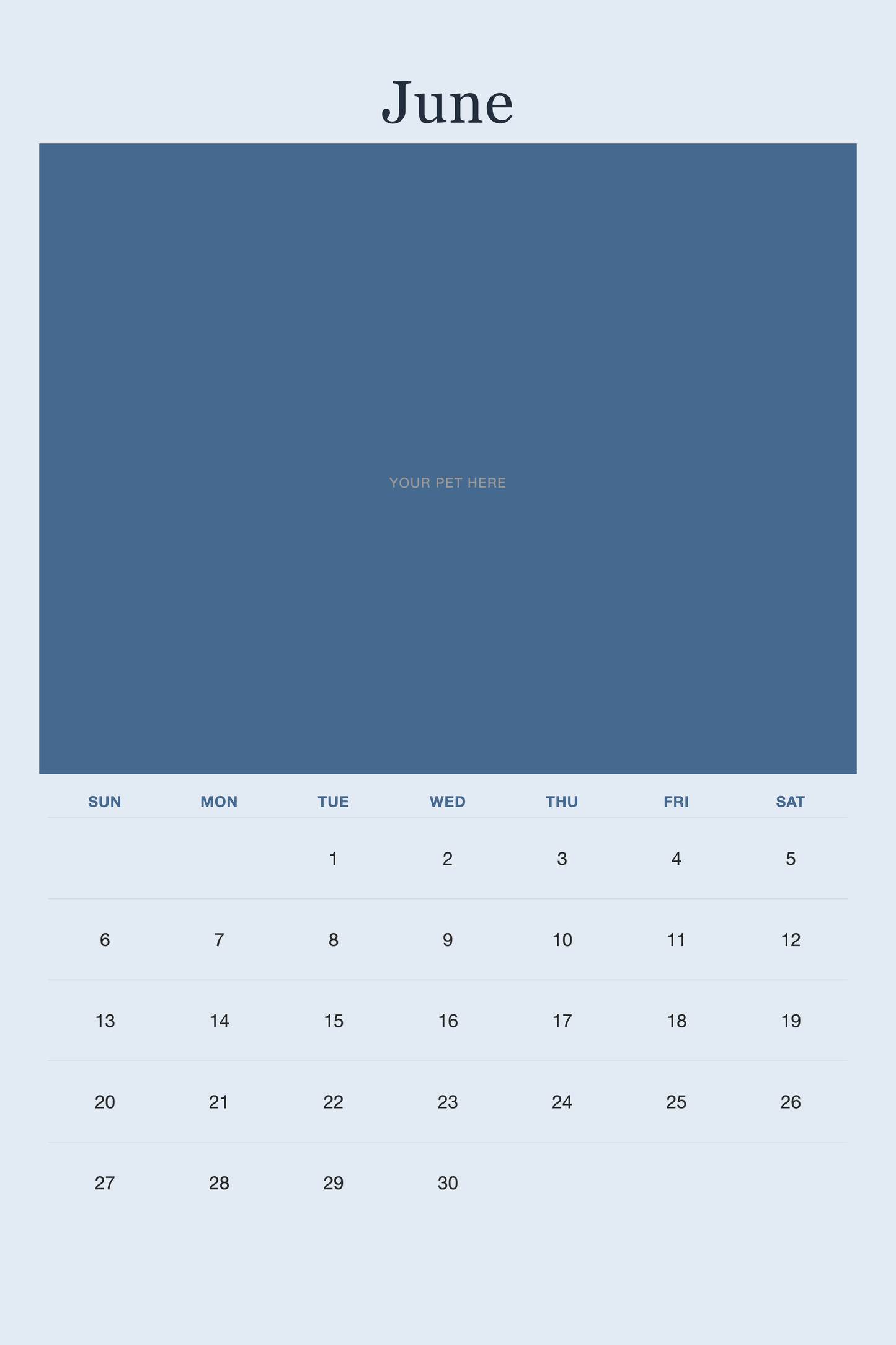 June page of the Personalized Pet Photo Calendar 2027 — XL Minimalist Blue, with a photo area above the date grid