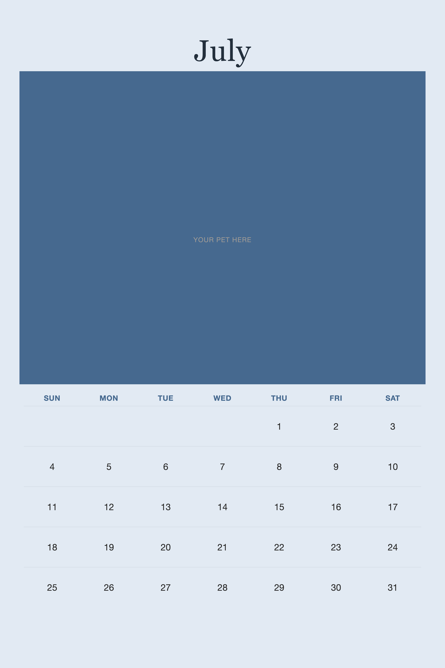 July page of the Personalized Pet Photo Calendar 2027 — XL Minimalist Blue, with a photo area above the date grid