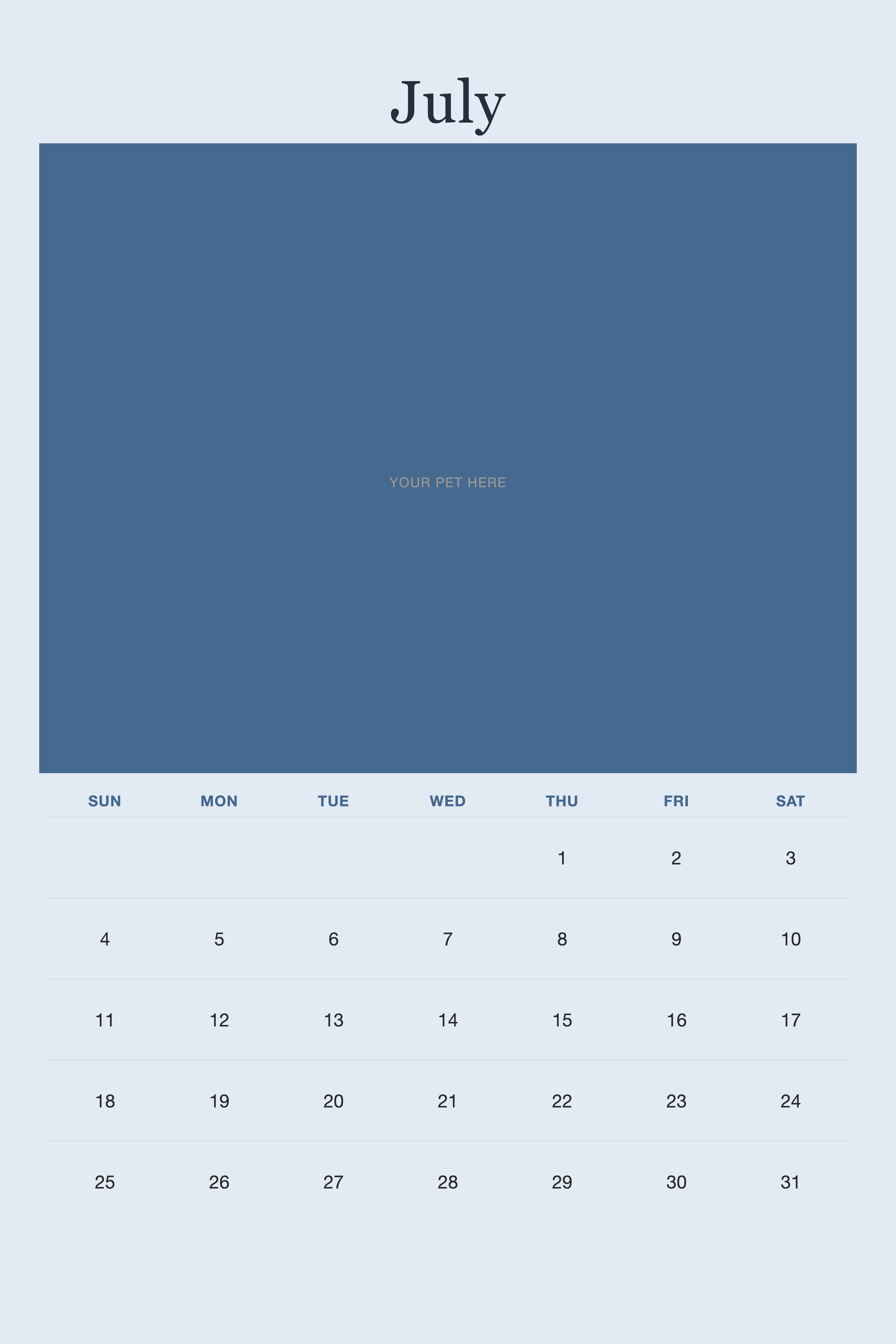 July page of the Personalized Pet Photo Calendar 2027 — XL Minimalist Blue, with a photo area above the date grid