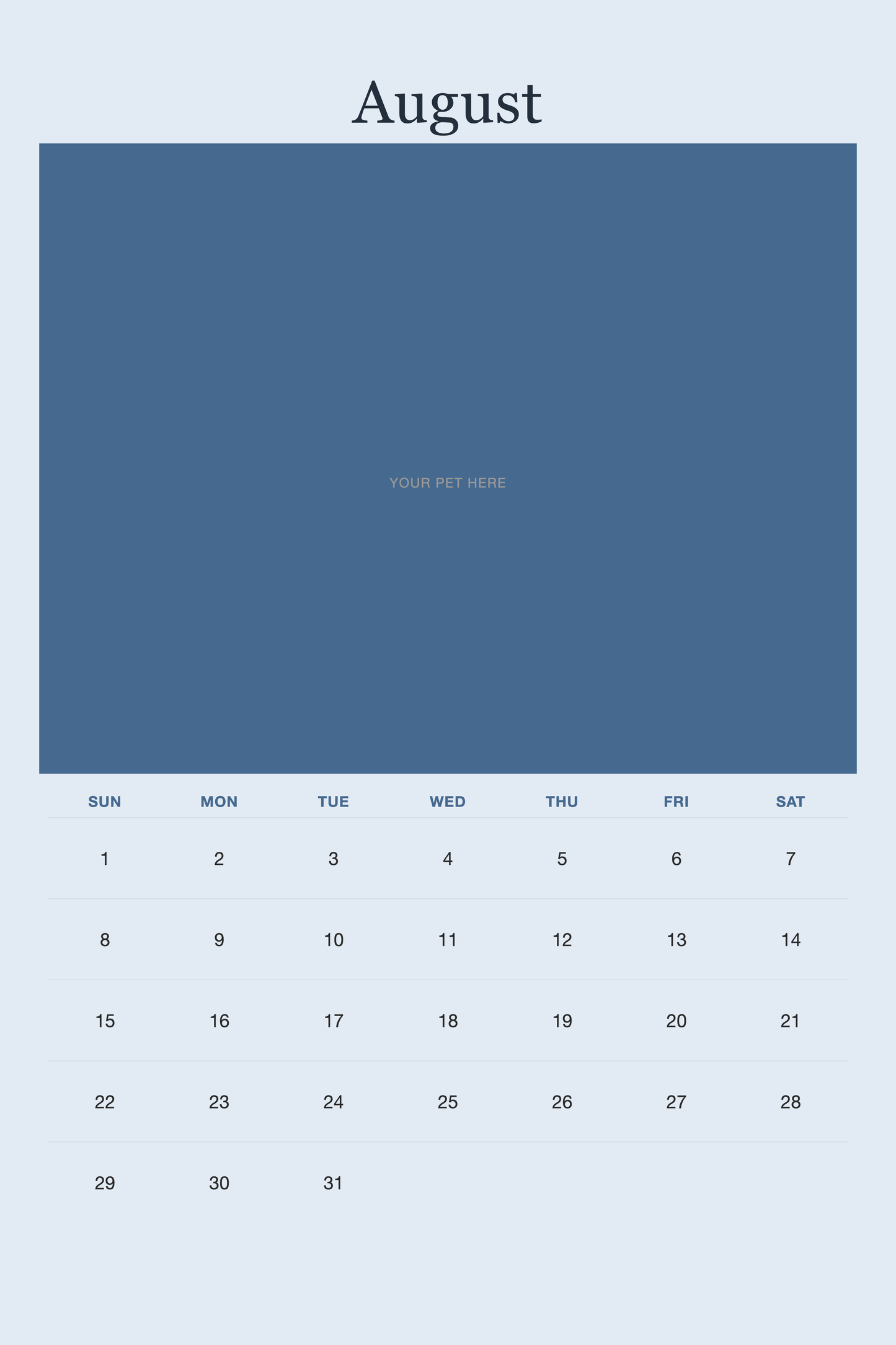 August page of the Personalized Pet Photo Calendar 2027 — XL Minimalist Blue, with a photo area above the date grid