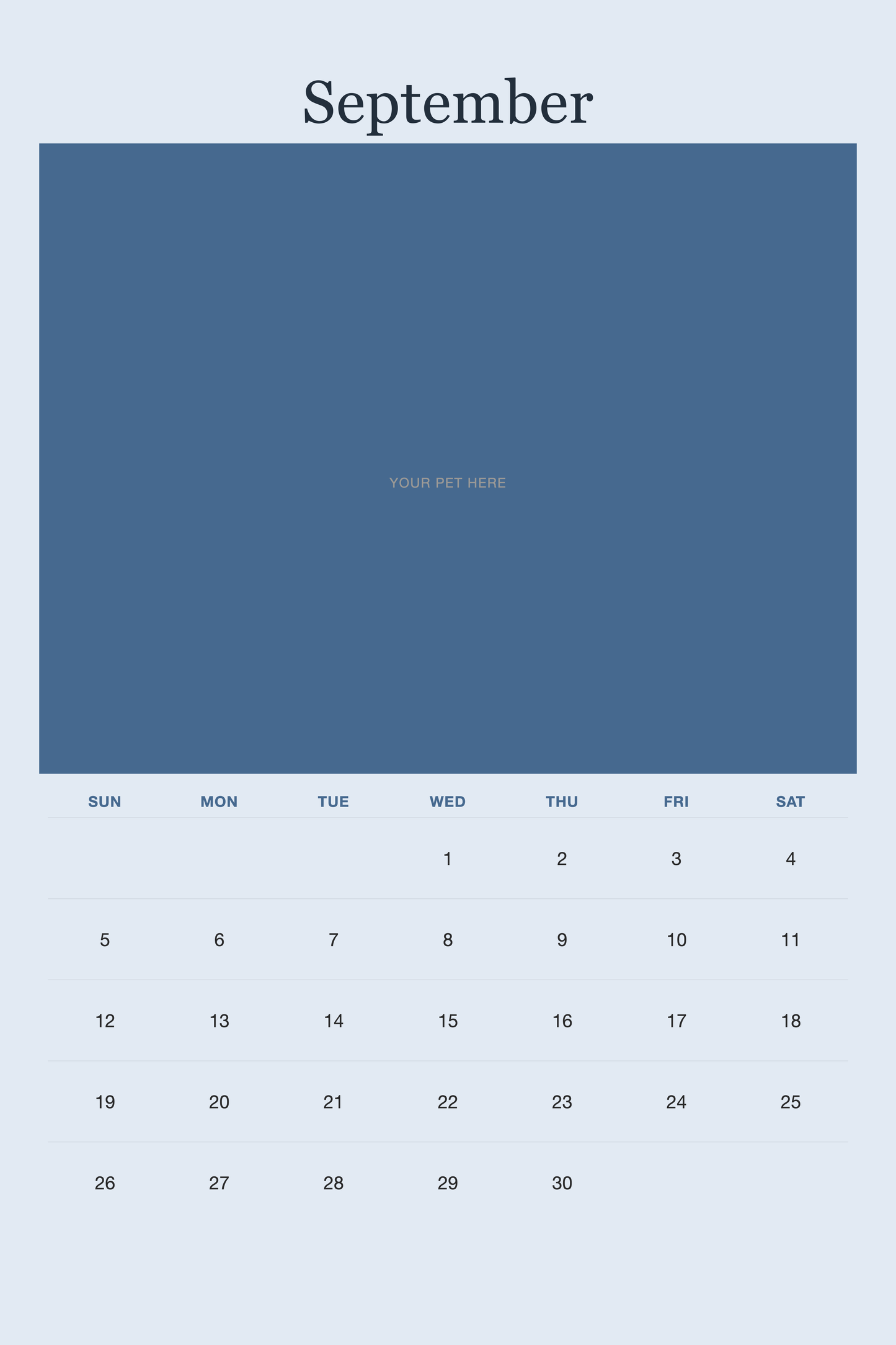 September page of the Personalized Pet Photo Calendar 2027 — XL Minimalist Blue, with a photo area above the date grid