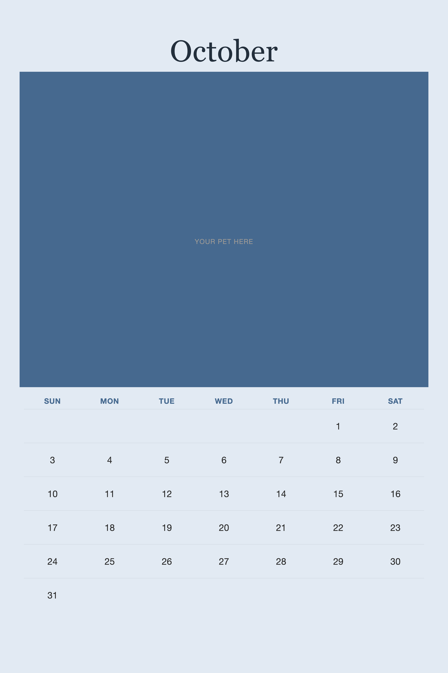 October page of the Personalized Pet Photo Calendar 2027 — XL Minimalist Blue, with a photo area above the date grid