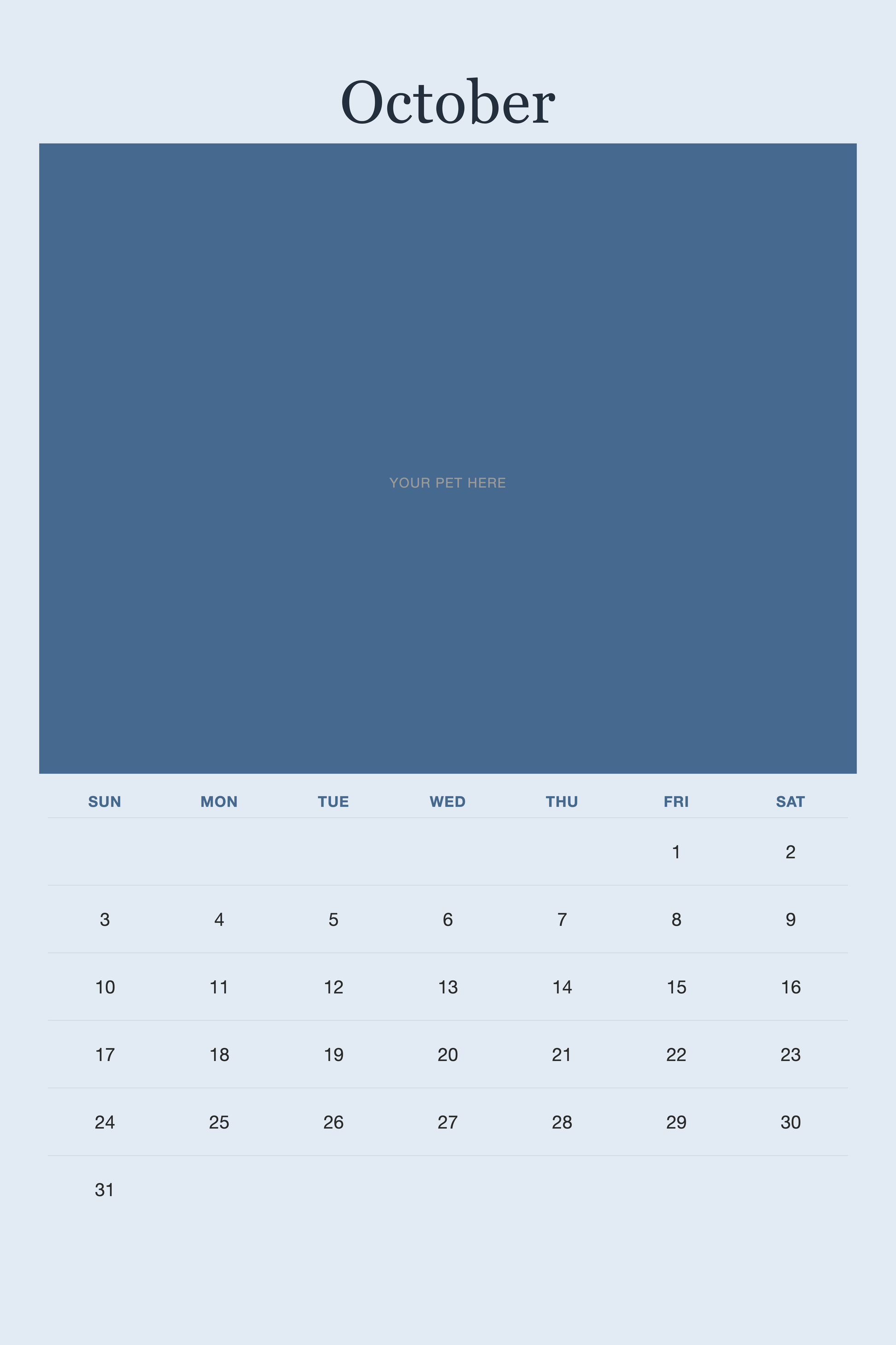October page of the Personalized Pet Photo Calendar 2027 — XL Minimalist Blue, with a photo area above the date grid