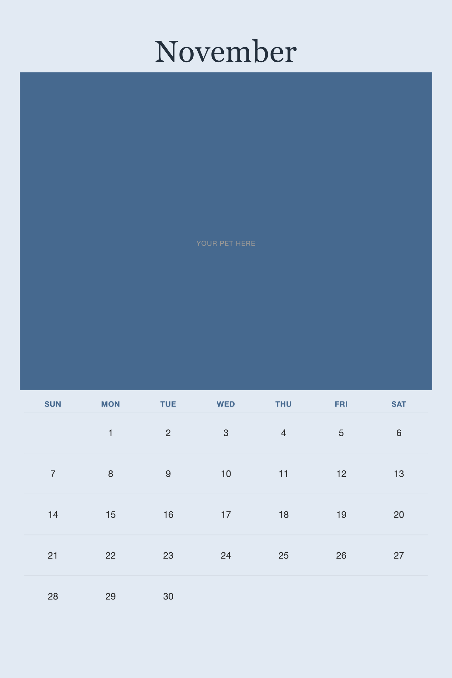 November page of the Personalized Pet Photo Calendar 2027 — XL Minimalist Blue, with a photo area above the date grid