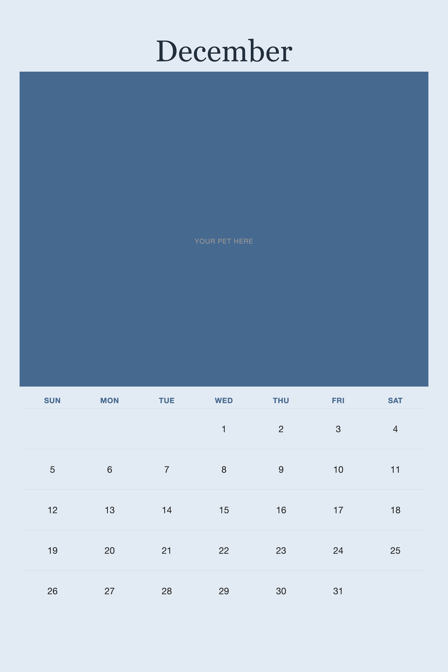 December page of the Personalized Pet Photo Calendar 2027 — XL Minimalist Blue, with a photo area above the date grid
